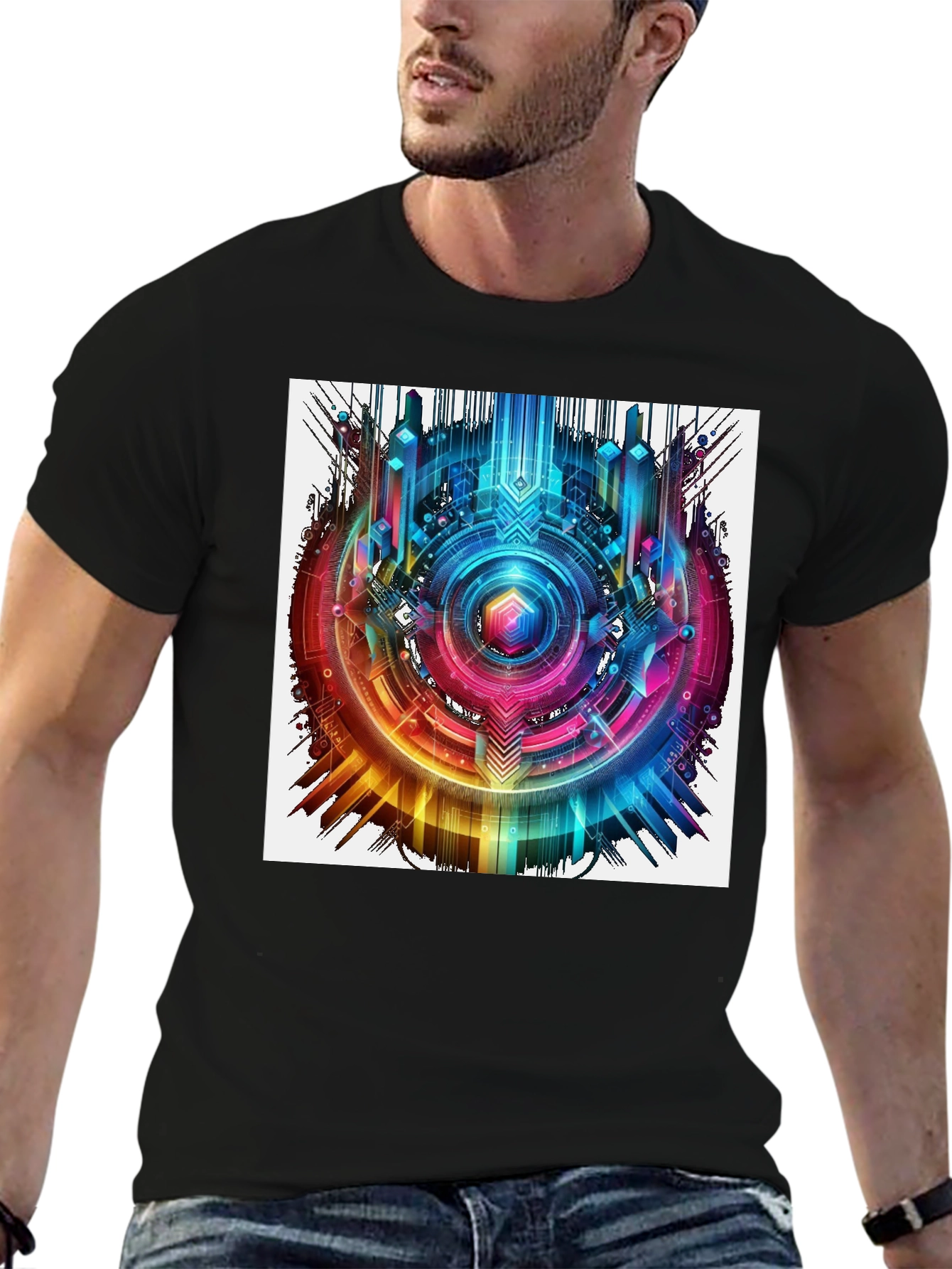 Black Abstract Geometric Rainbow Circle Graphic T-Shirt view 6