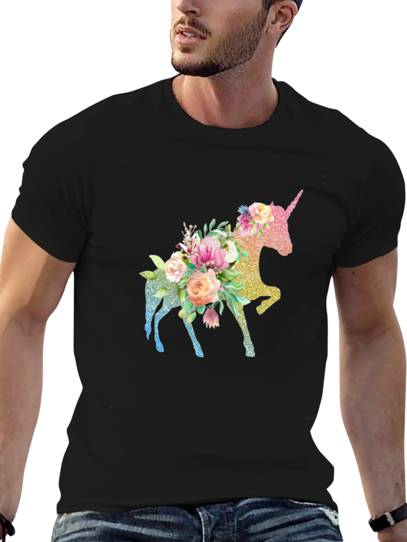 Floral Unicorn Black T-Shirt - Magical Graphic Tee - 6