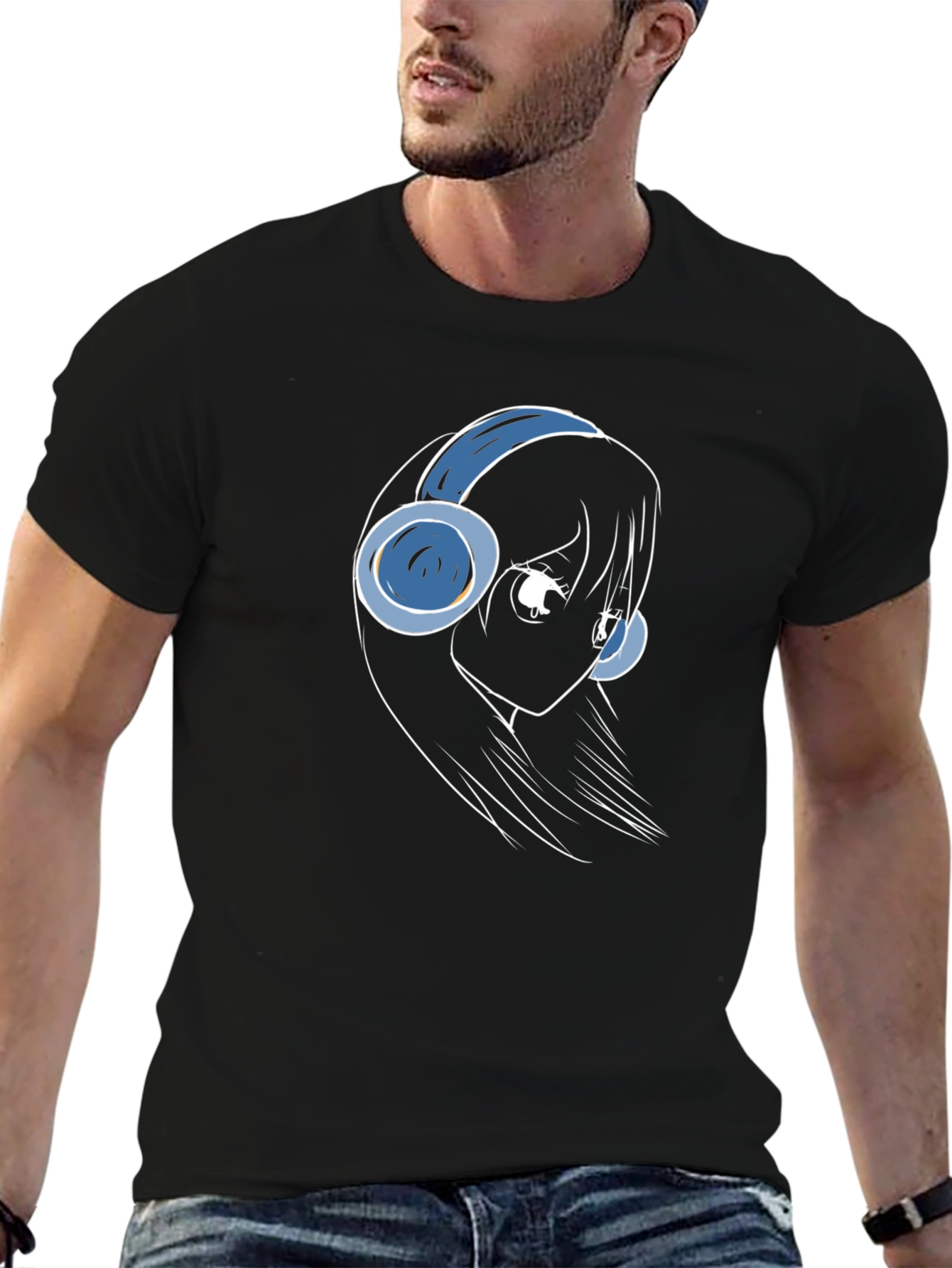 Black Anime Girl Headphones T-Shirt - Black view 6
