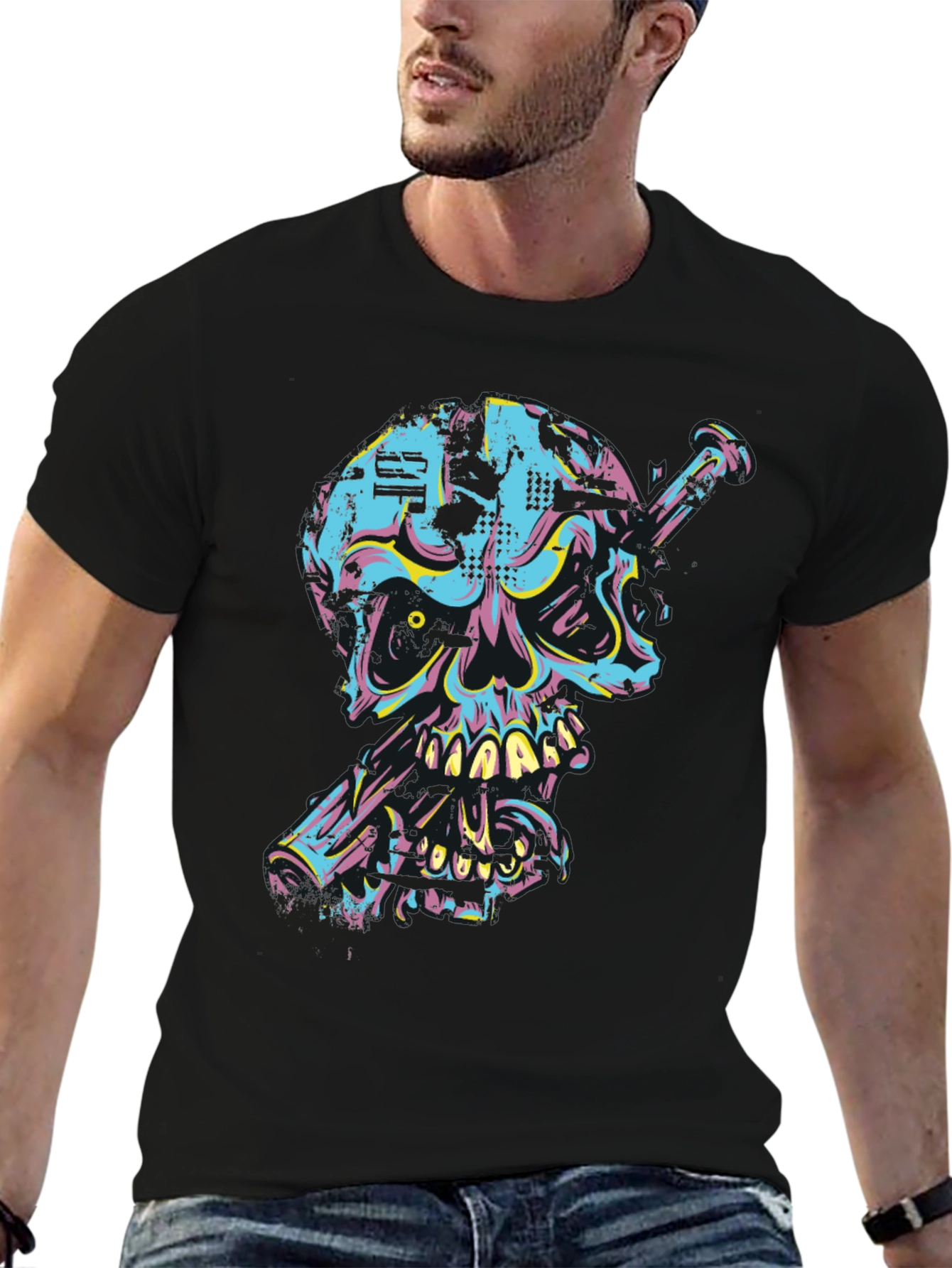 Black Edgy Skull & Nail Graphic Tee view 6