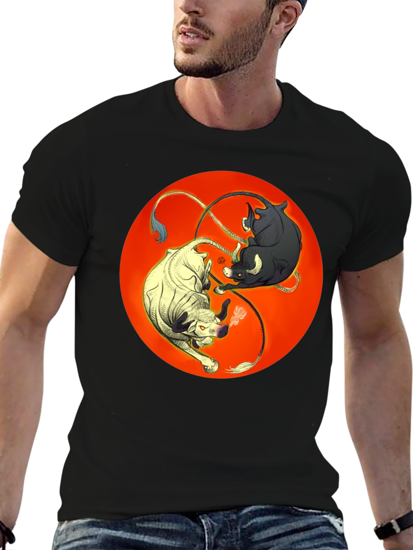 Black Yin Yang Bulls Graphic Tee - Unique Black T-Shirt view 6
