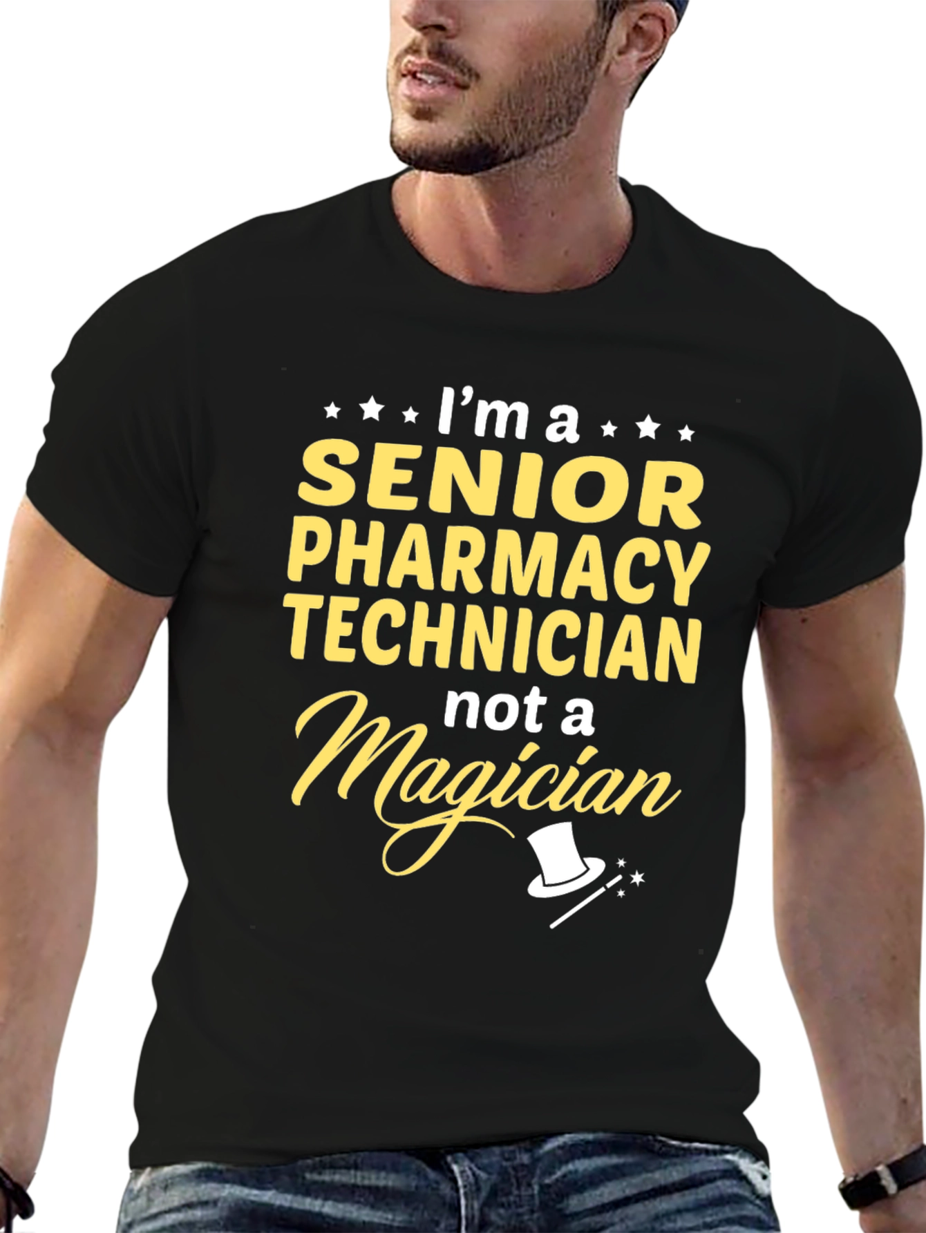 Black Senior Pharmacy Technician T-Shirt - Not a Magician Tee view 6
