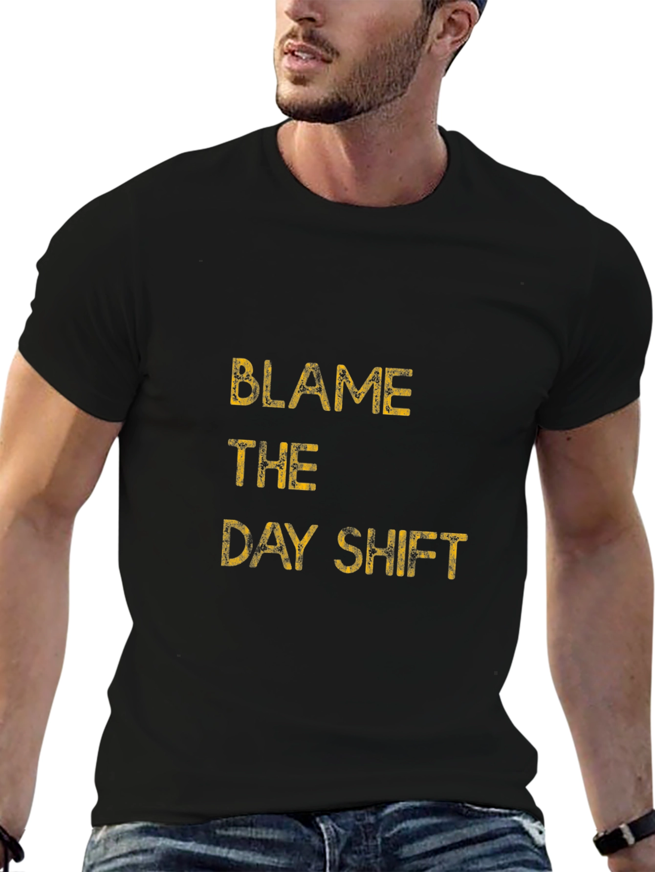 Black Blame the Day Shift Graphic Tee - Black Cotton T-Shirt view 6