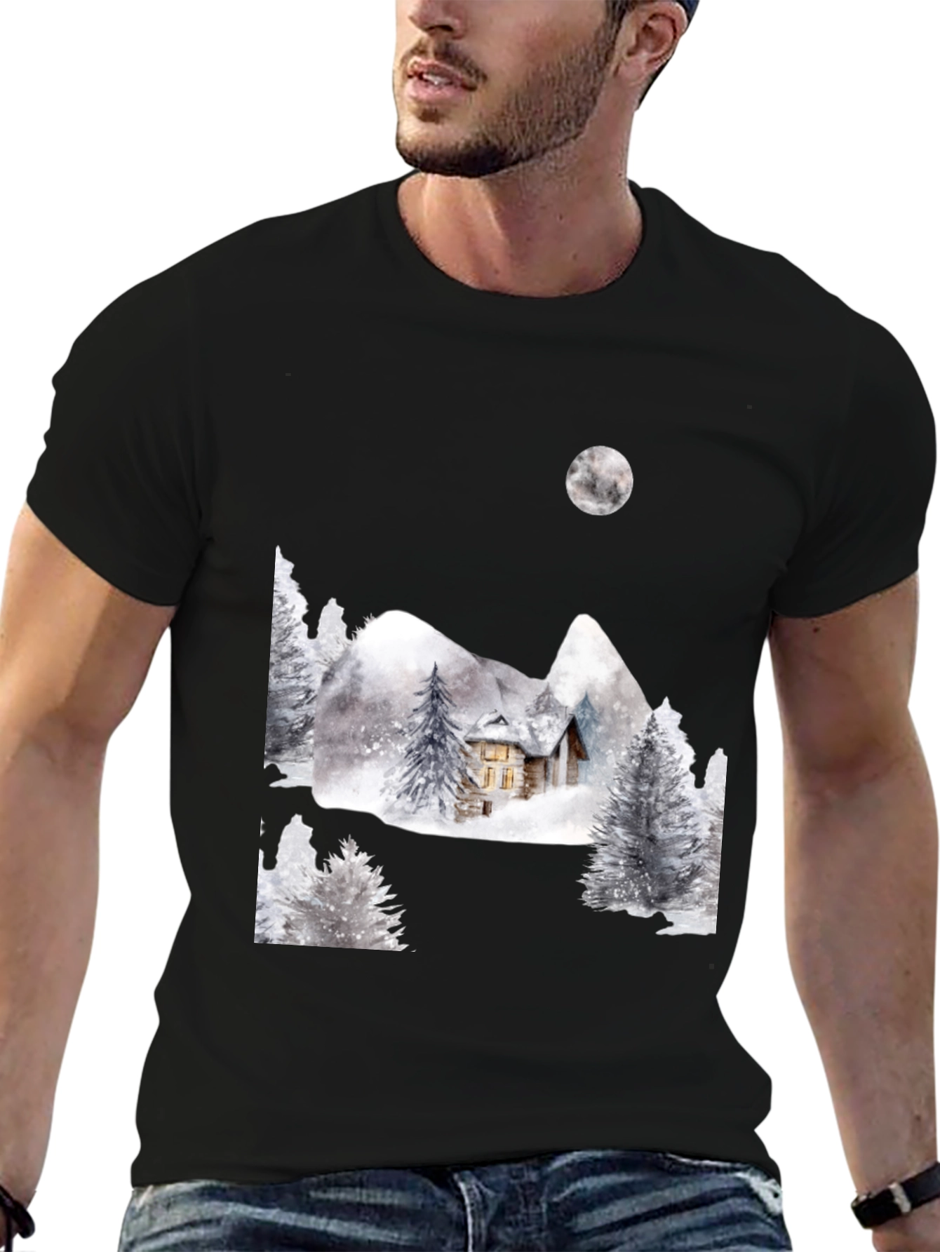 Black Winter Cabin Scene Black T-Shirt view 6