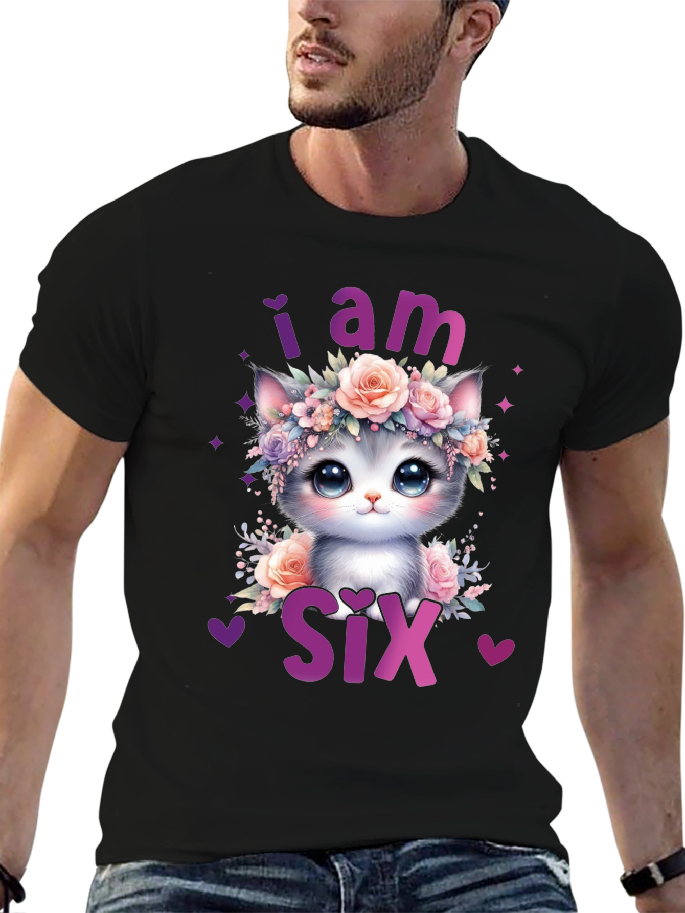Black Cute Cat "I am Six" Birthday T-Shirt view 6