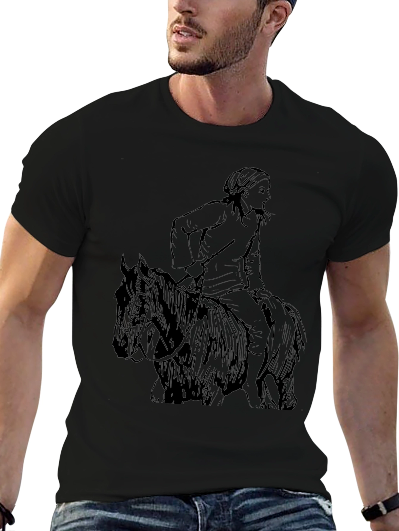 Black T-Shirt with Equestrian Graphic Tee - 6