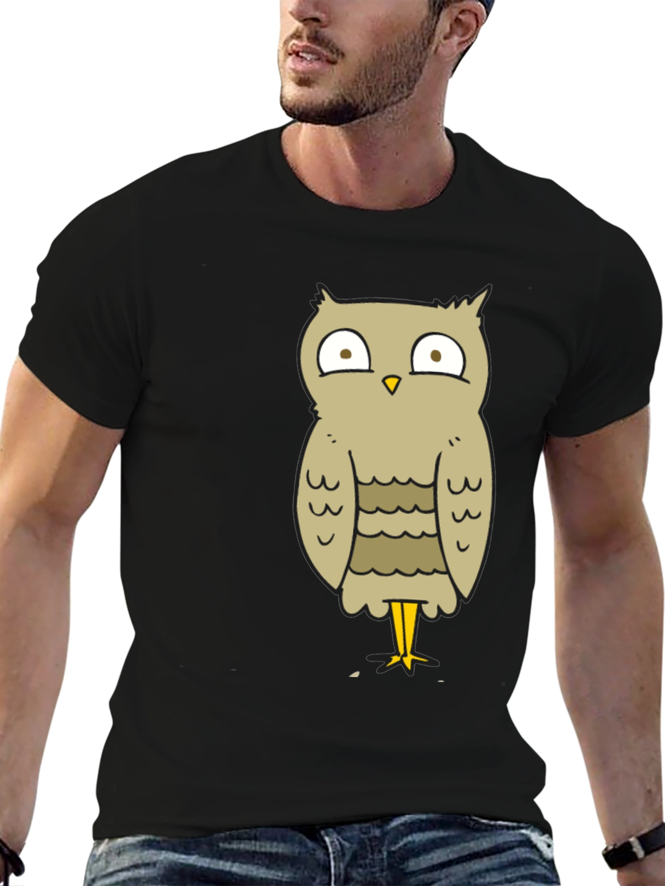 Black Funny Owl Cartoon T-Shirt - Unisex Black Tee view 6