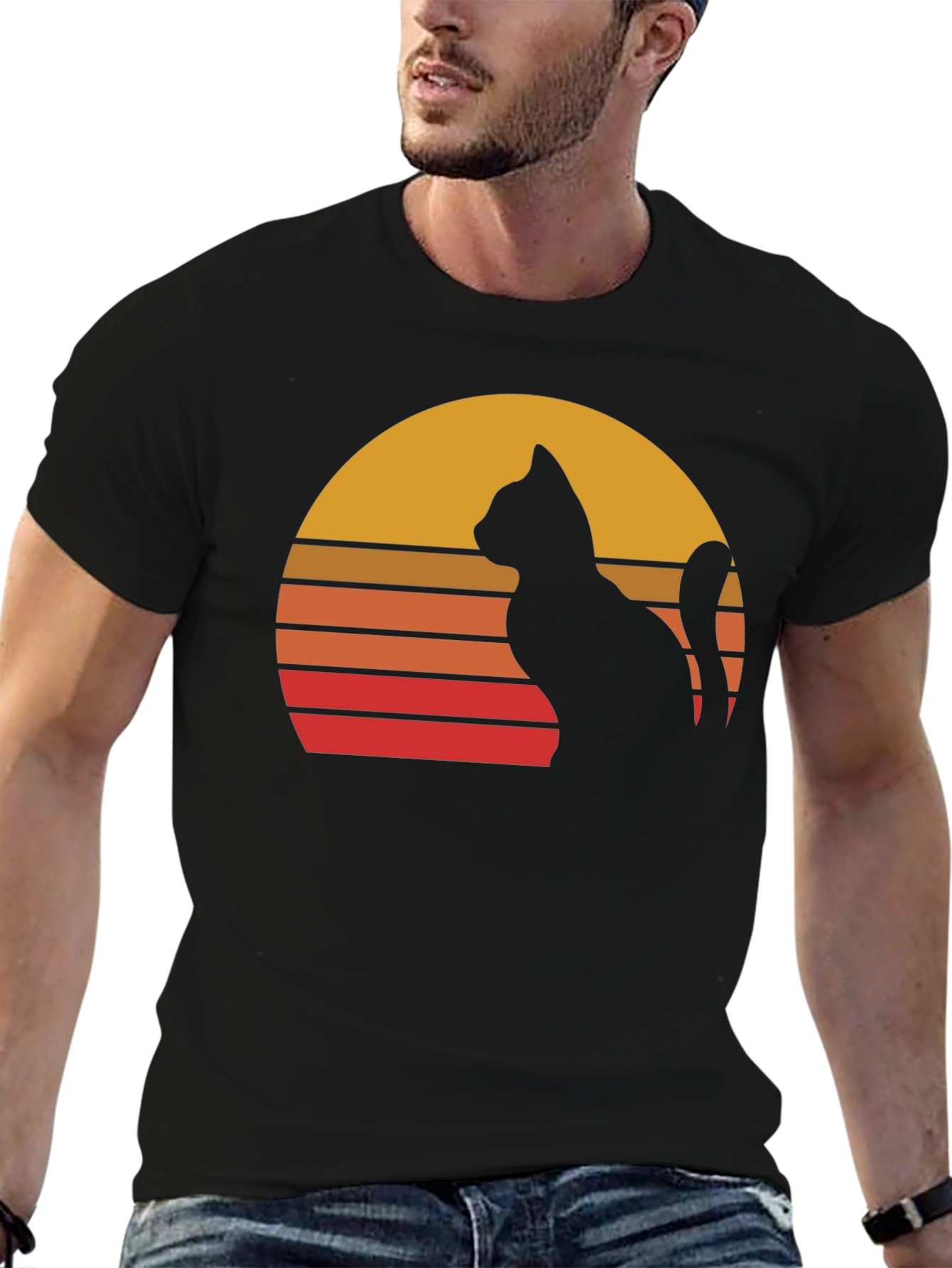 Black Retro Cat Sunset Graphic Tee - Black Cotton Blend Shirt view 6