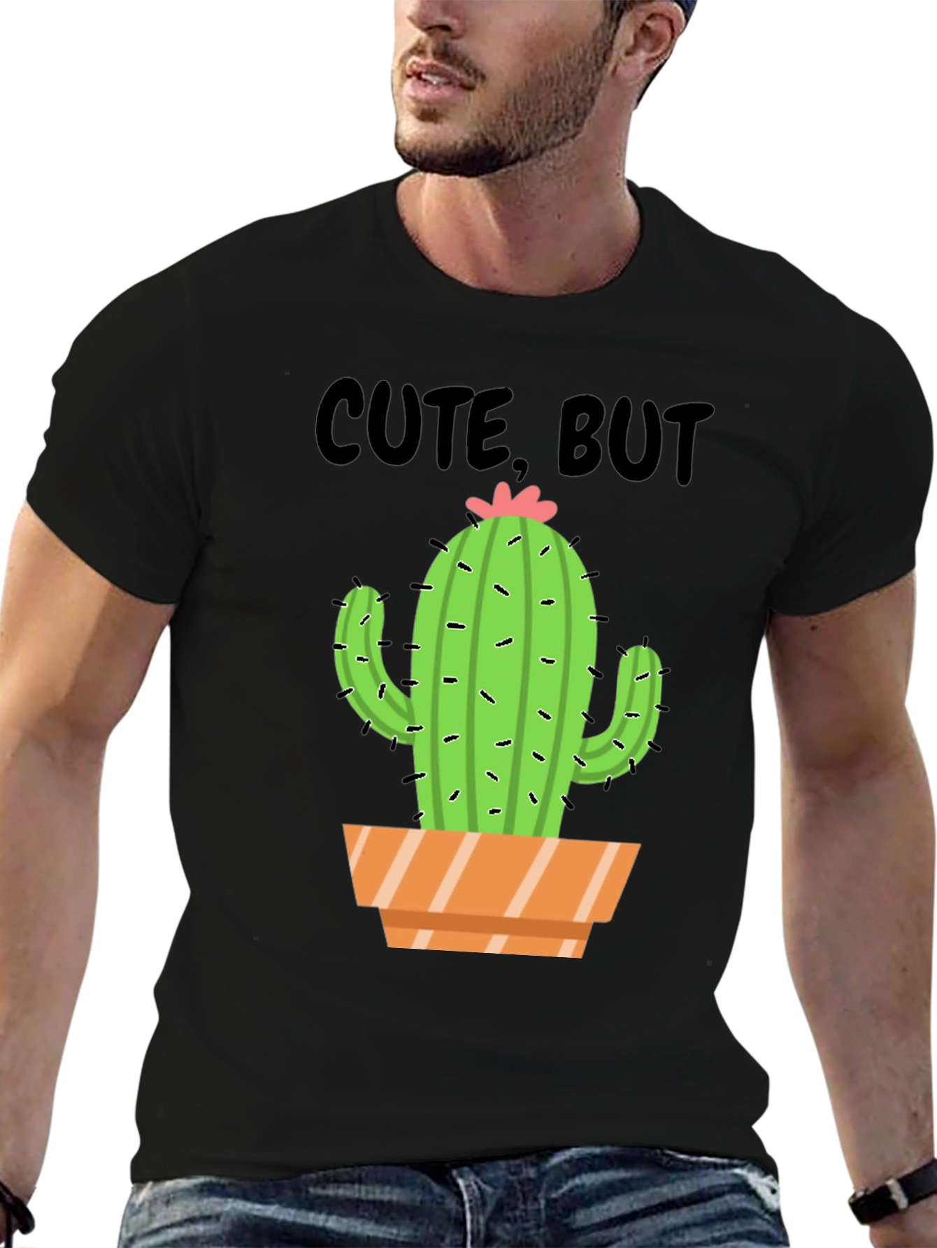 Black Cute But Prickly Cactus Graphic Tee - Unisex Cotton T-Shirt view 6
