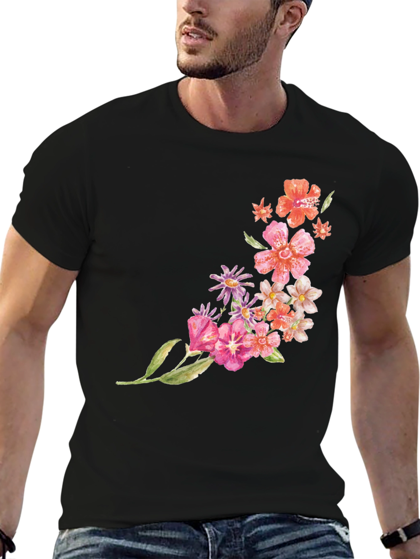 Black Floral Print Crew Neck T-Shirt - Casual Style view 6