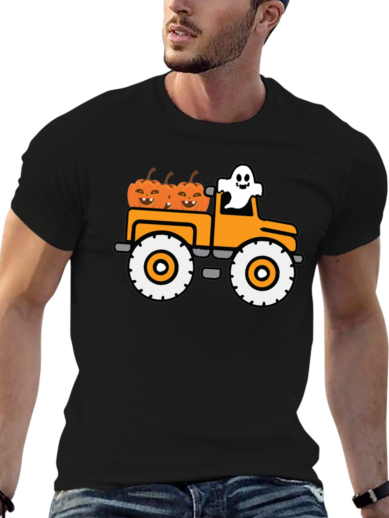 Black Halloween Ghost Pumpkin Truck T-Shirt view 6