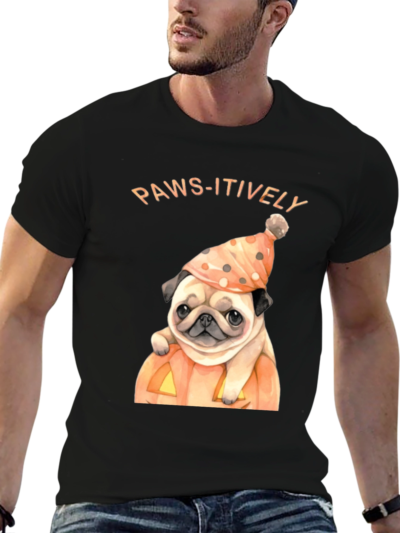 Black Paws-itively Halloween Pug T-Shirt view 6