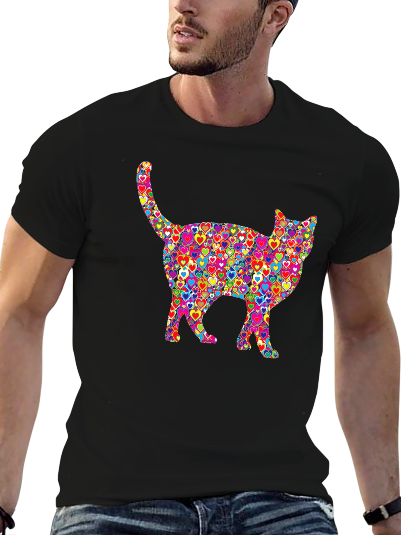 Black Colorful Heart Cat Graphic T-Shirt view 6