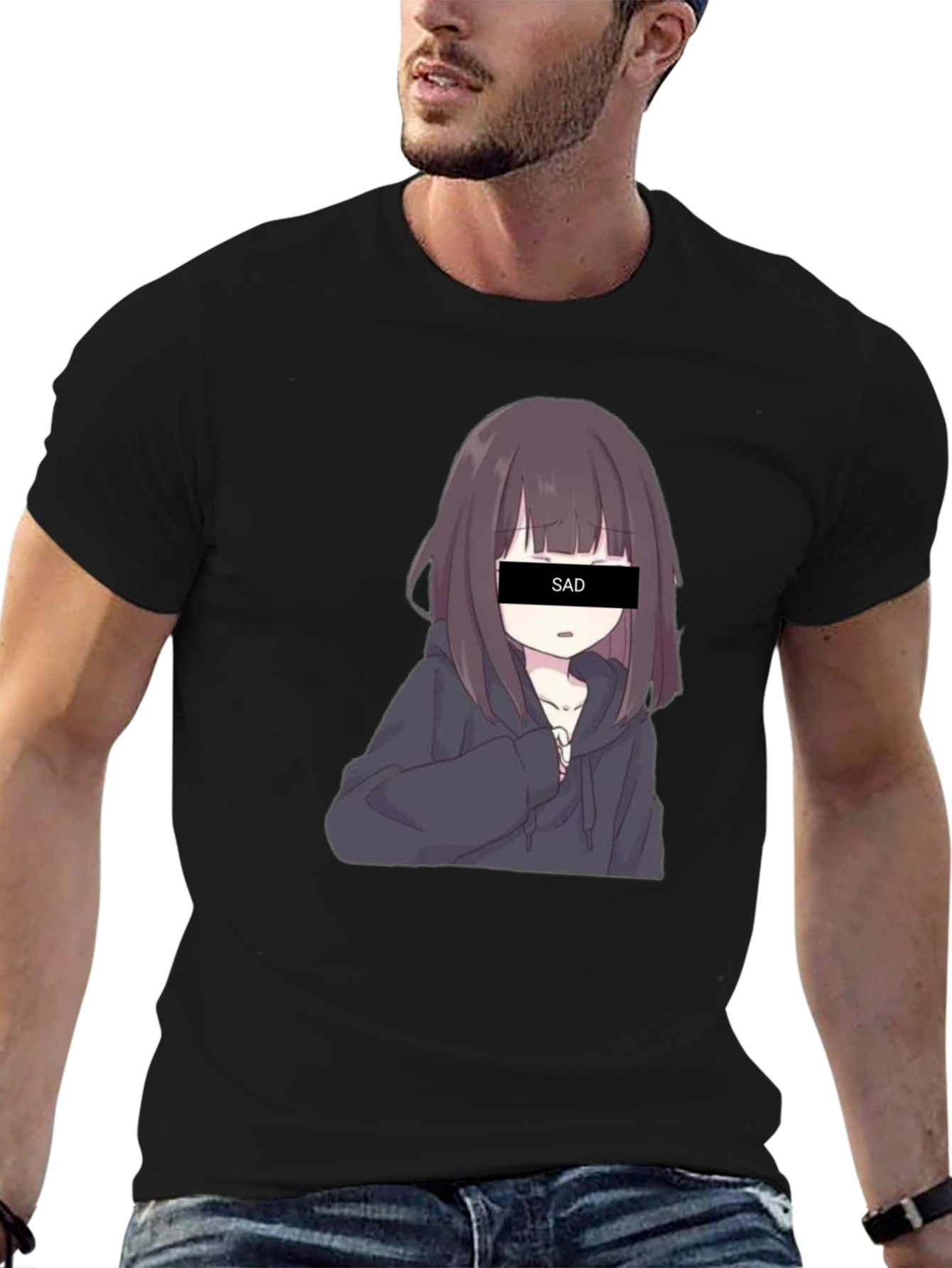 Black Anime Sad Girl Graphic Print Black T-Shirt view 6