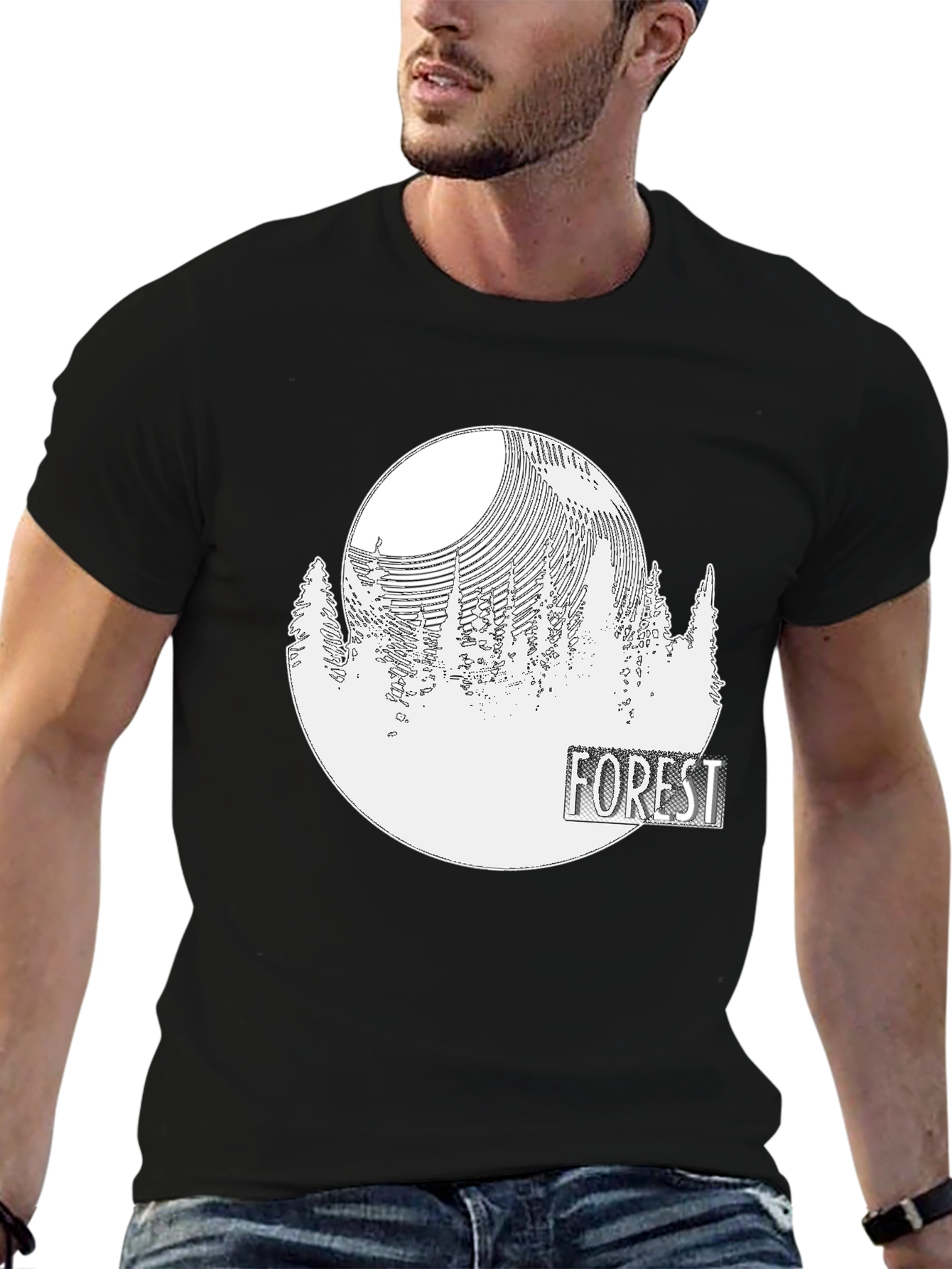 Black Men's Forest Graphic Print Crew Neck T-Shirt view 6