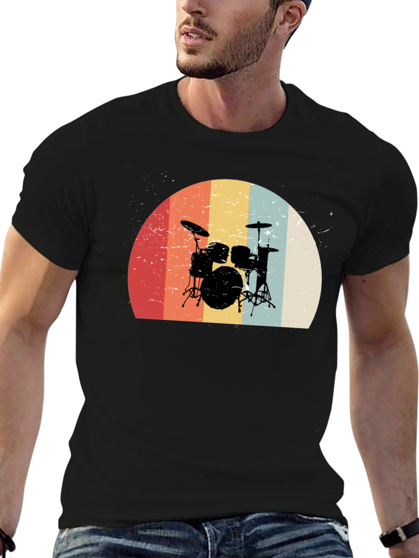 Black Retro Drum Set Graphic Tee - Black view 6