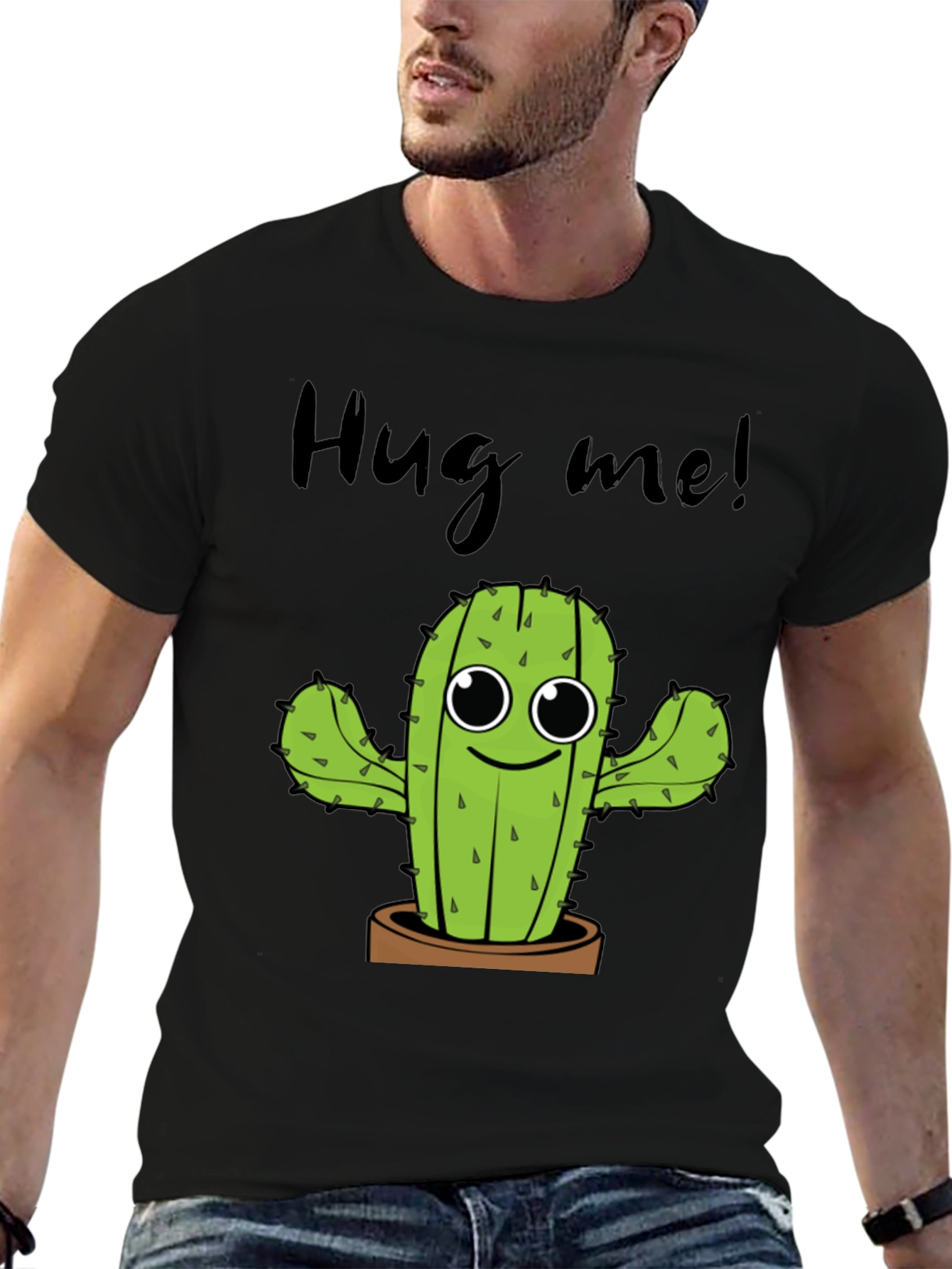 Black Hug Me Cactus Graphic Tee - Unisex Cotton T-Shirt view 6