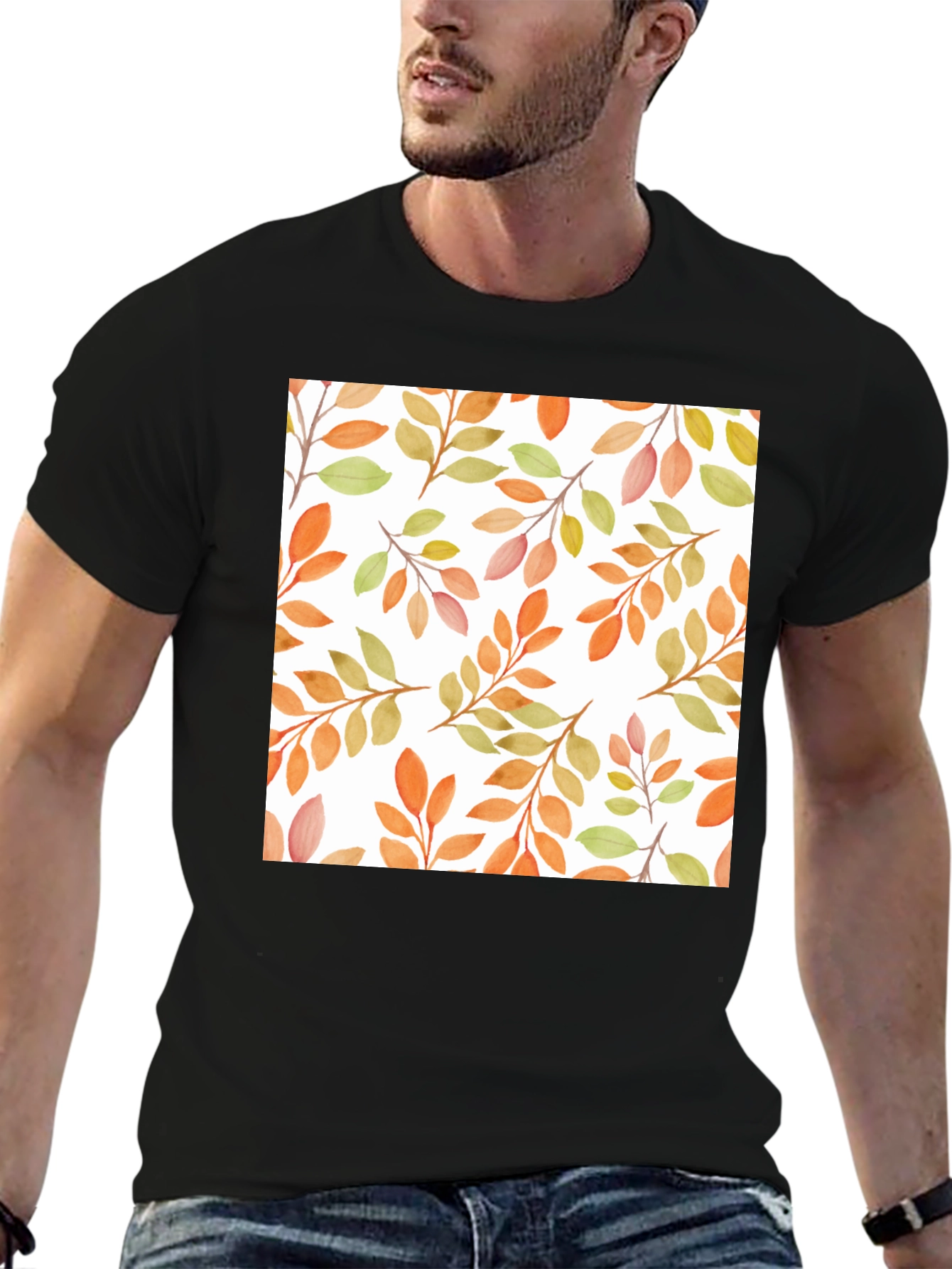 Black Autumn Leaves Pattern Black T-Shirt view 6