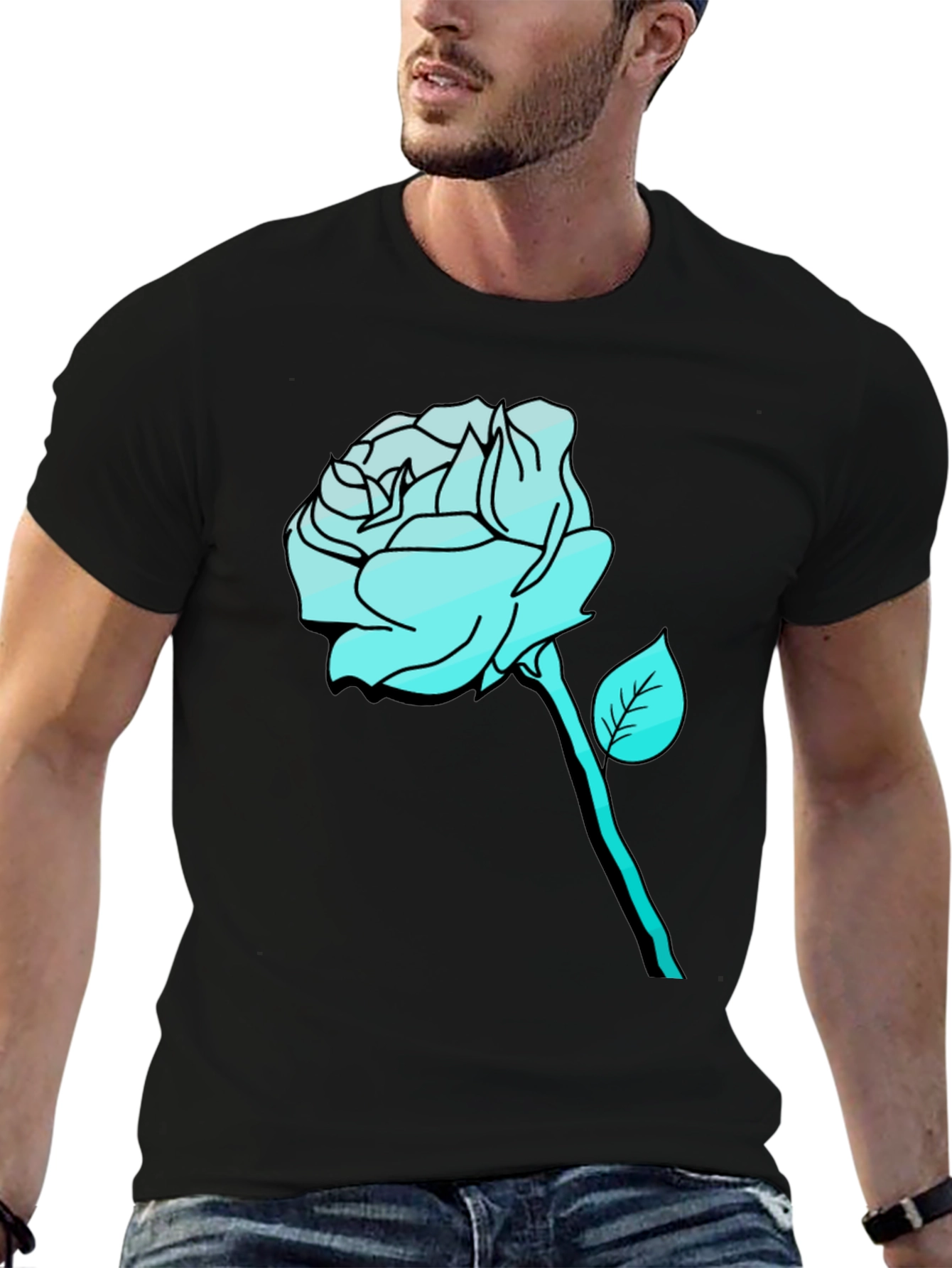 Black Men's Black T-Shirt with Aqua Rose Graphic view 6