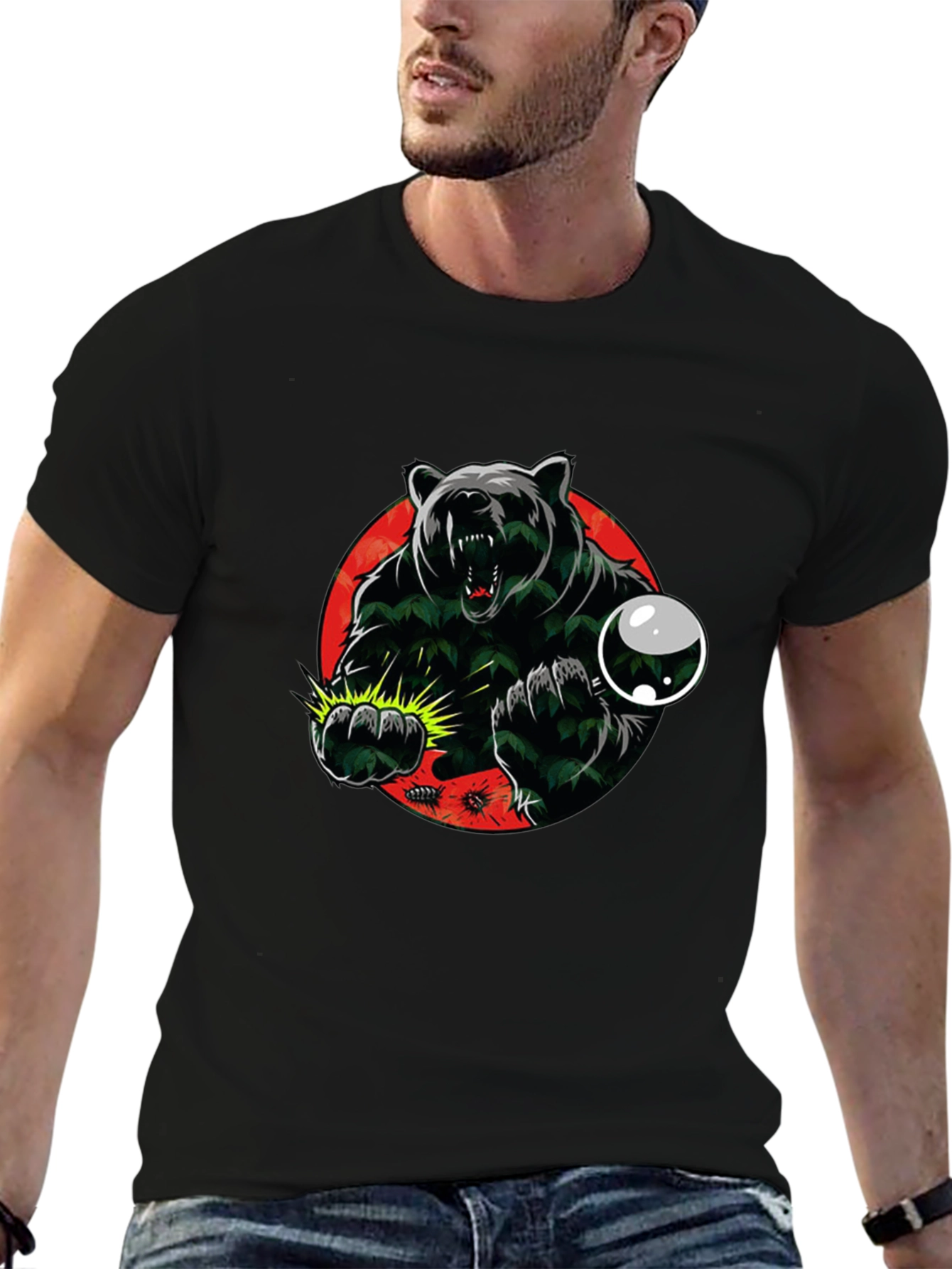 Black Men's Graphic Tee - Bear Attack Design view 6