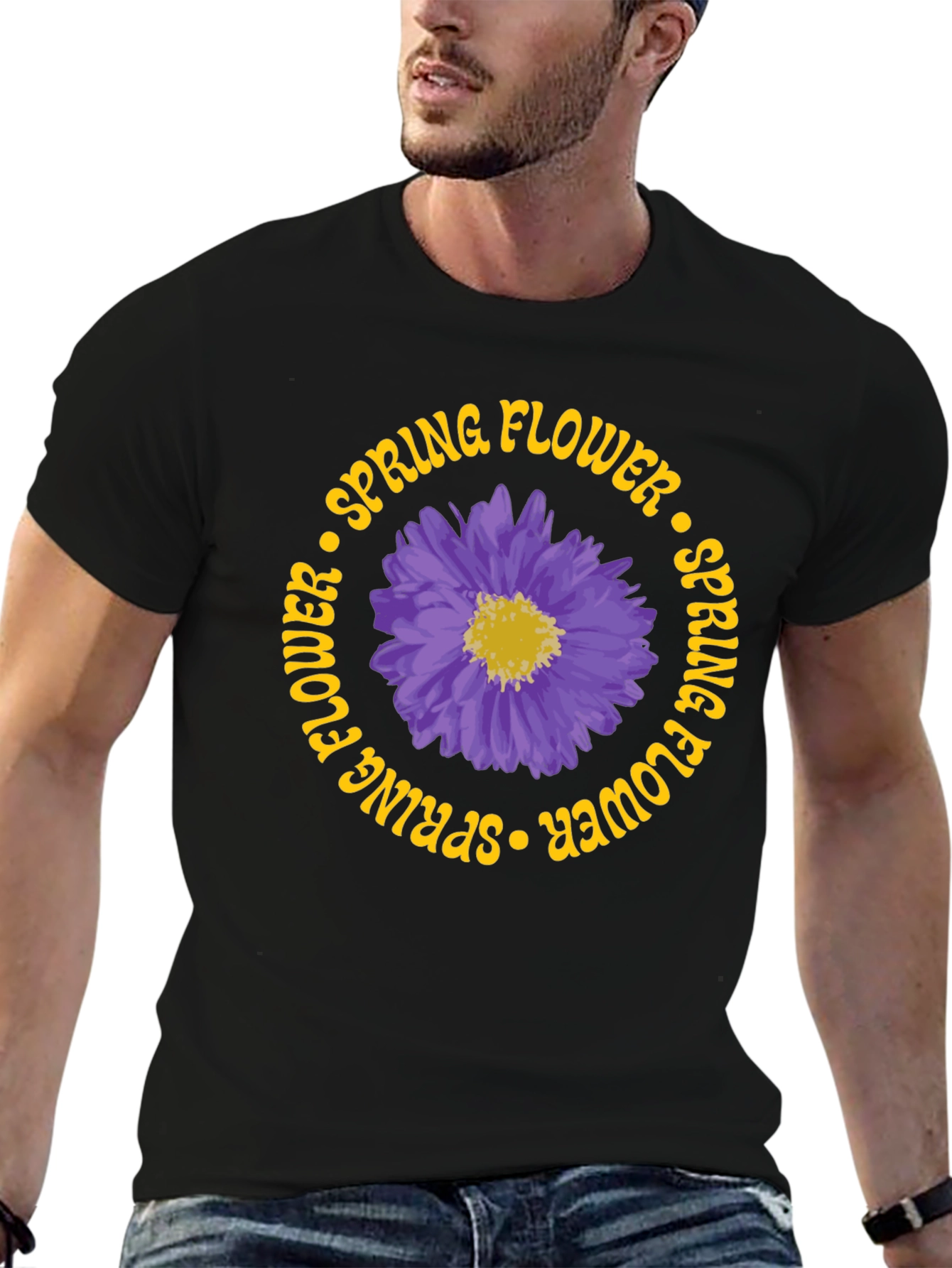Black Spring Flower Graphic Tee - Black Cotton T-Shirt view 6