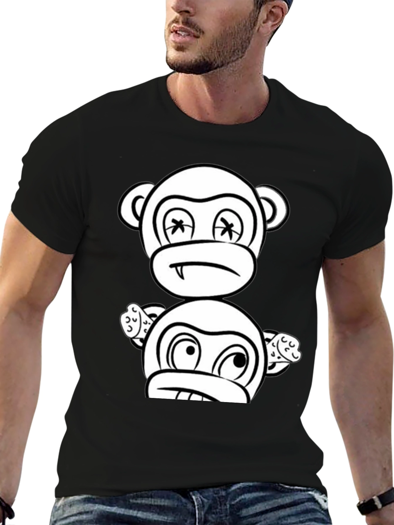 Black Cartoon Monkey Graphic Black T-Shirt view 6
