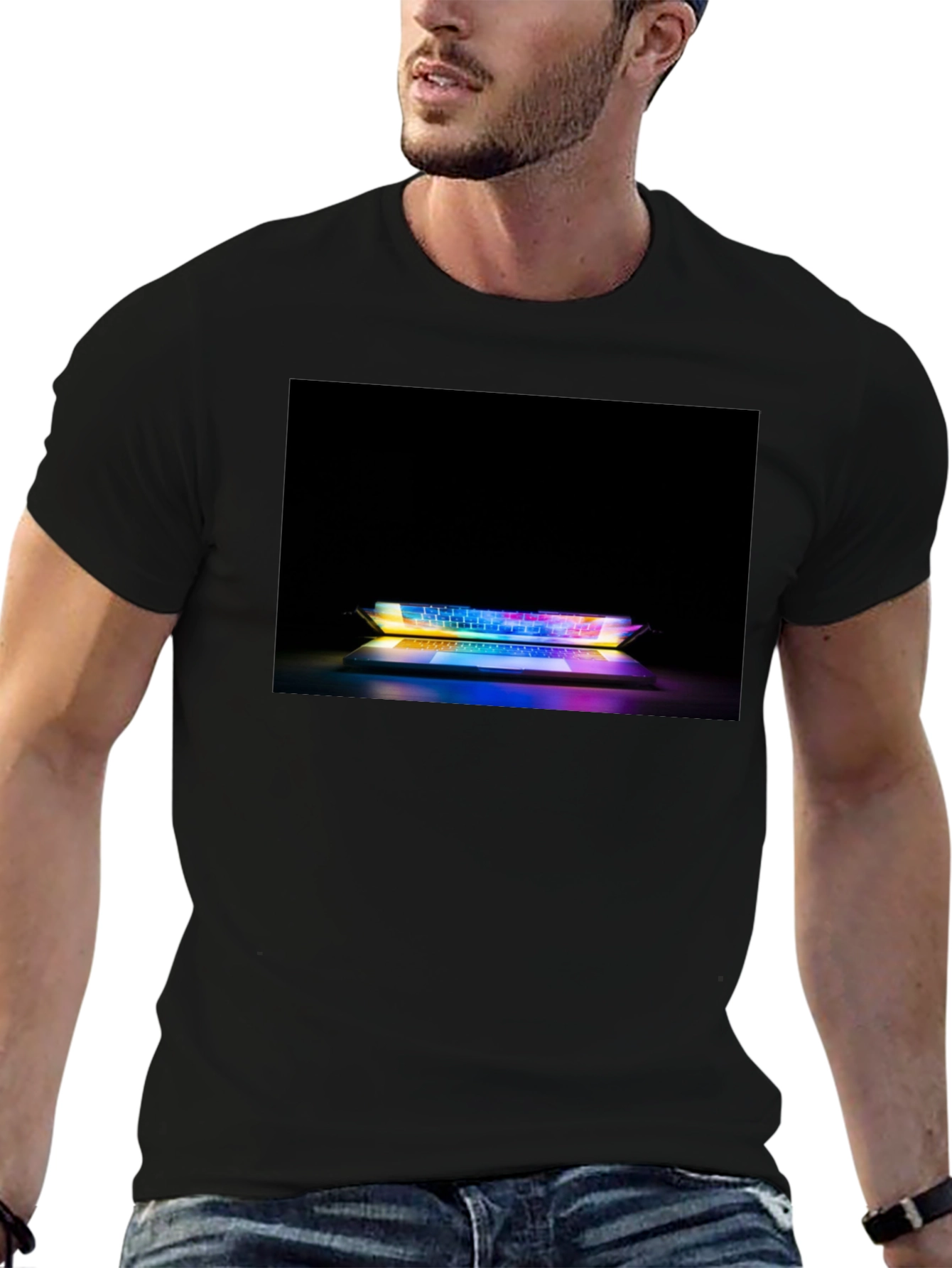 Black Gaming Keyboard T-Shirt - Light Up Laptop Design view 6