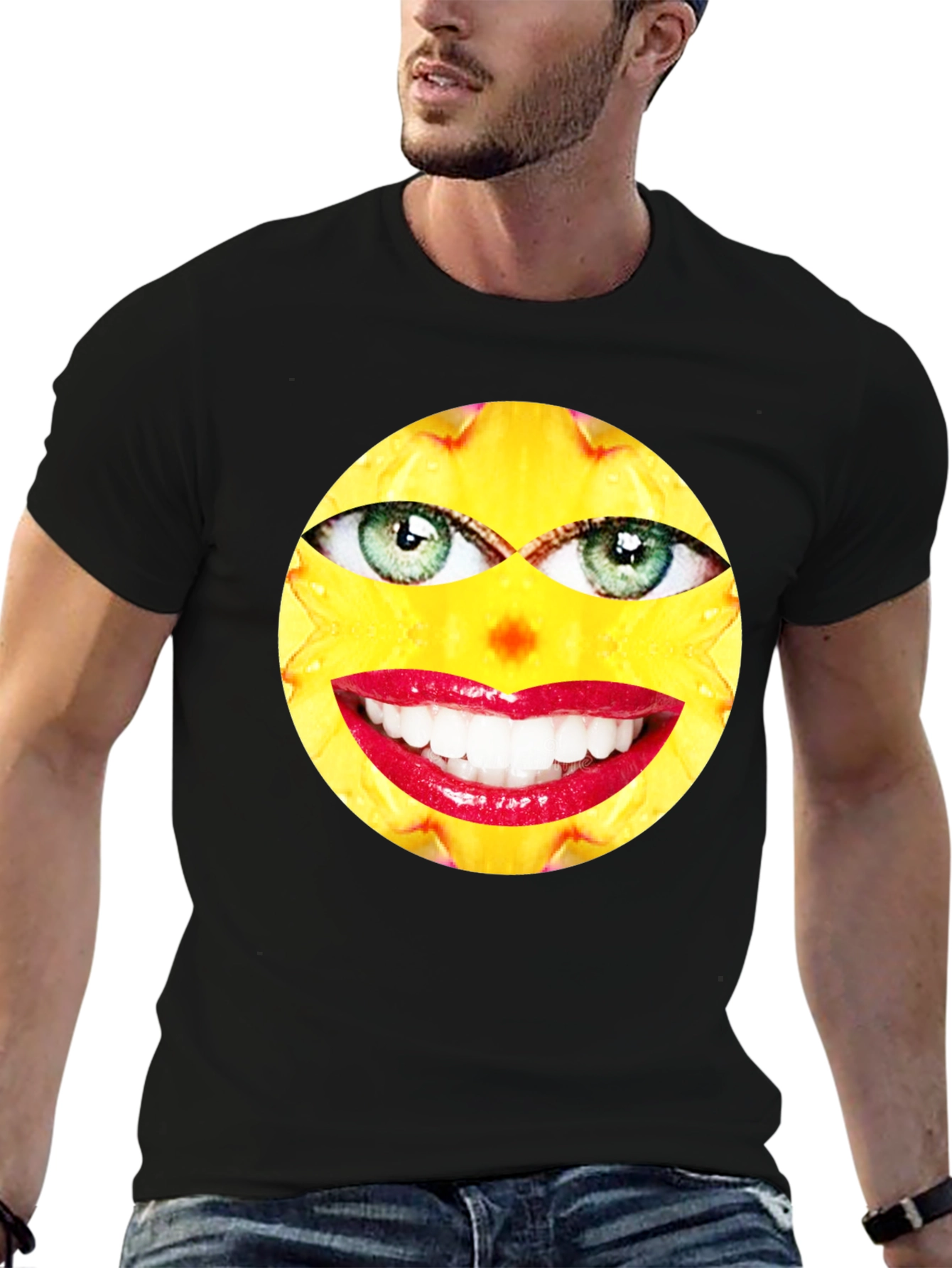 Black Funny Face Graphic Print Black T-Shirt view 6
