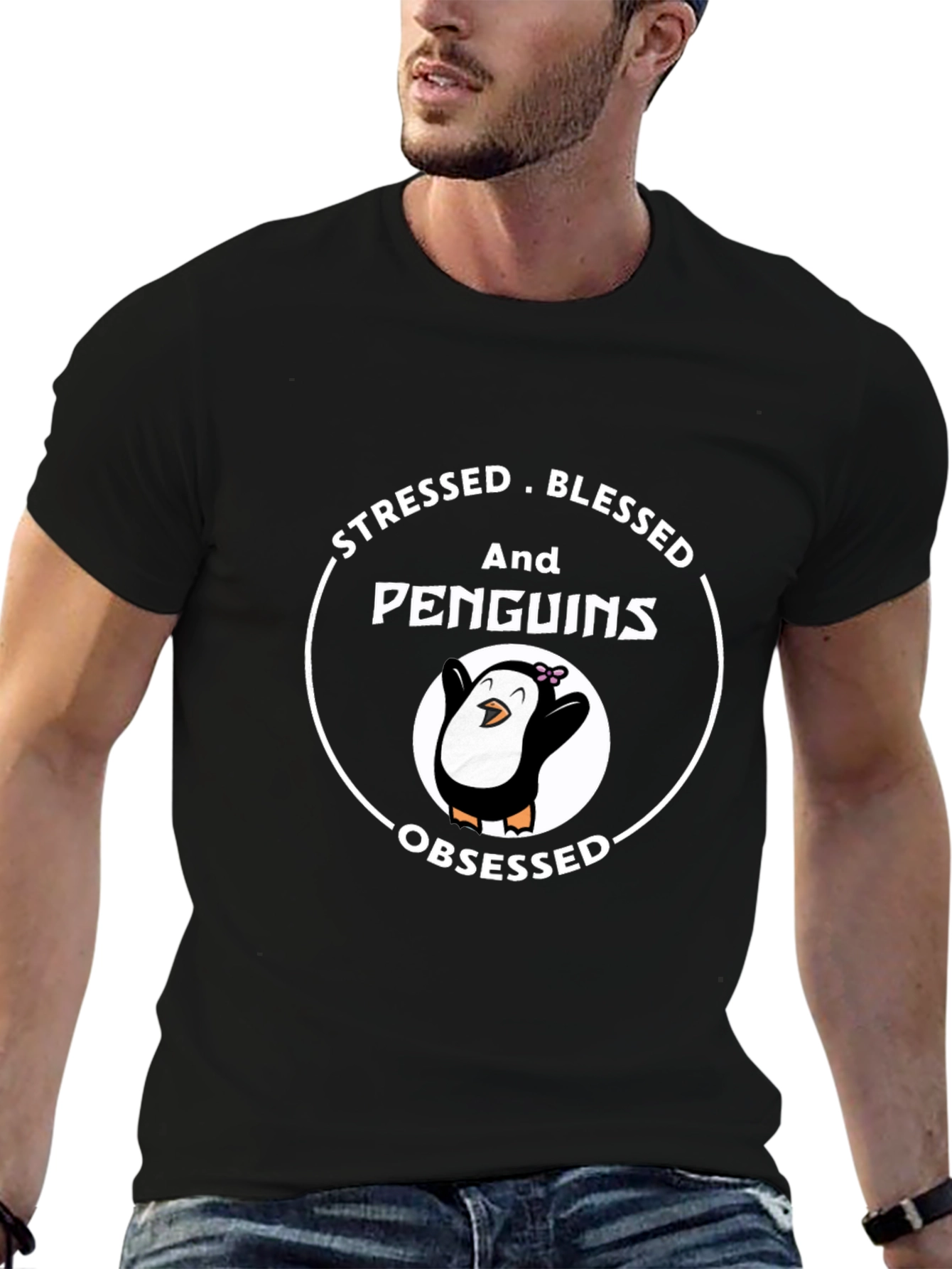 Black Stressed Blessed Penguins Obsessed T-Shirt view 6