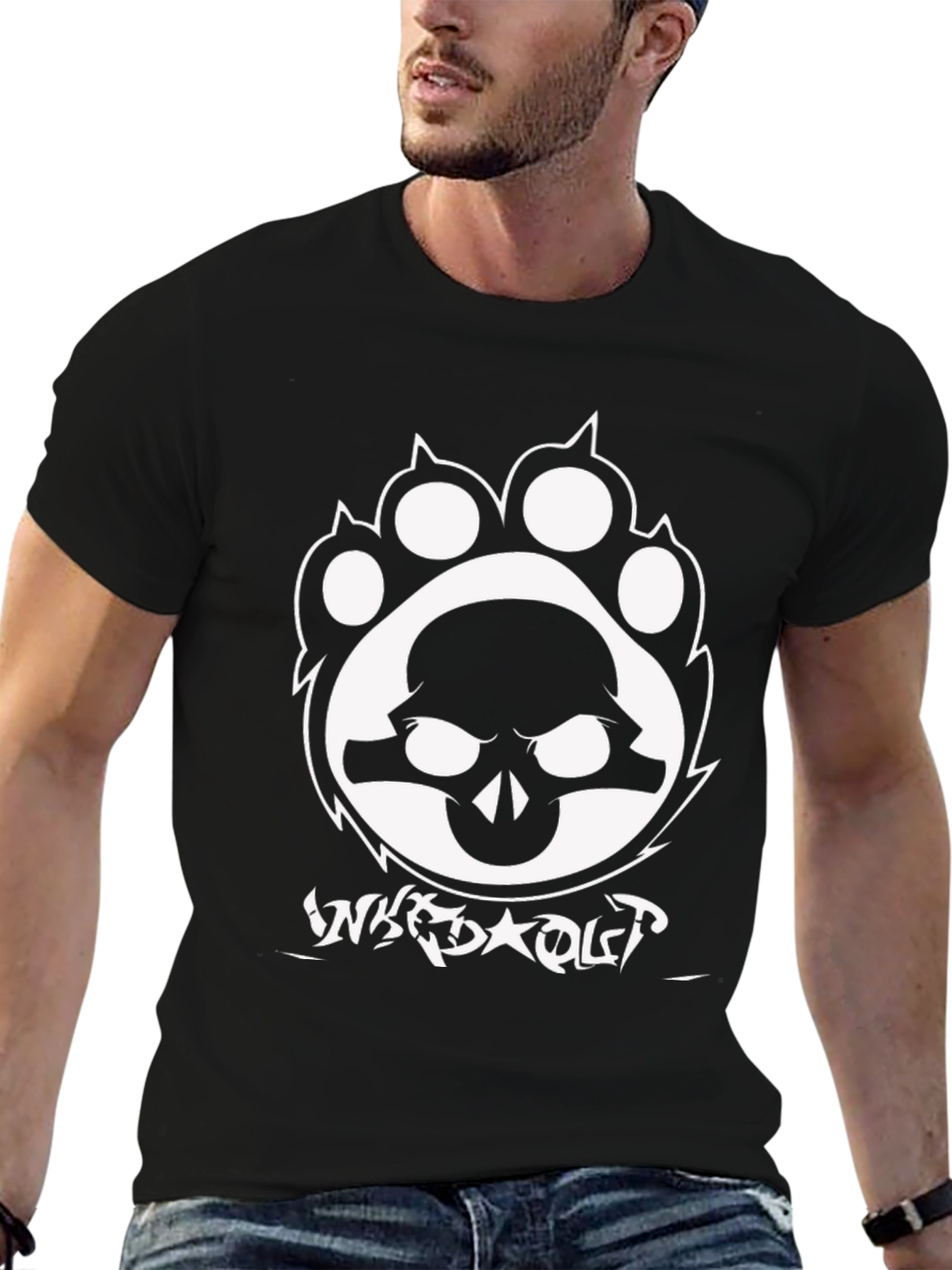 Black Skull Paw Graphic Tee - Black Crew Neck Cotton T-Shirt view 6