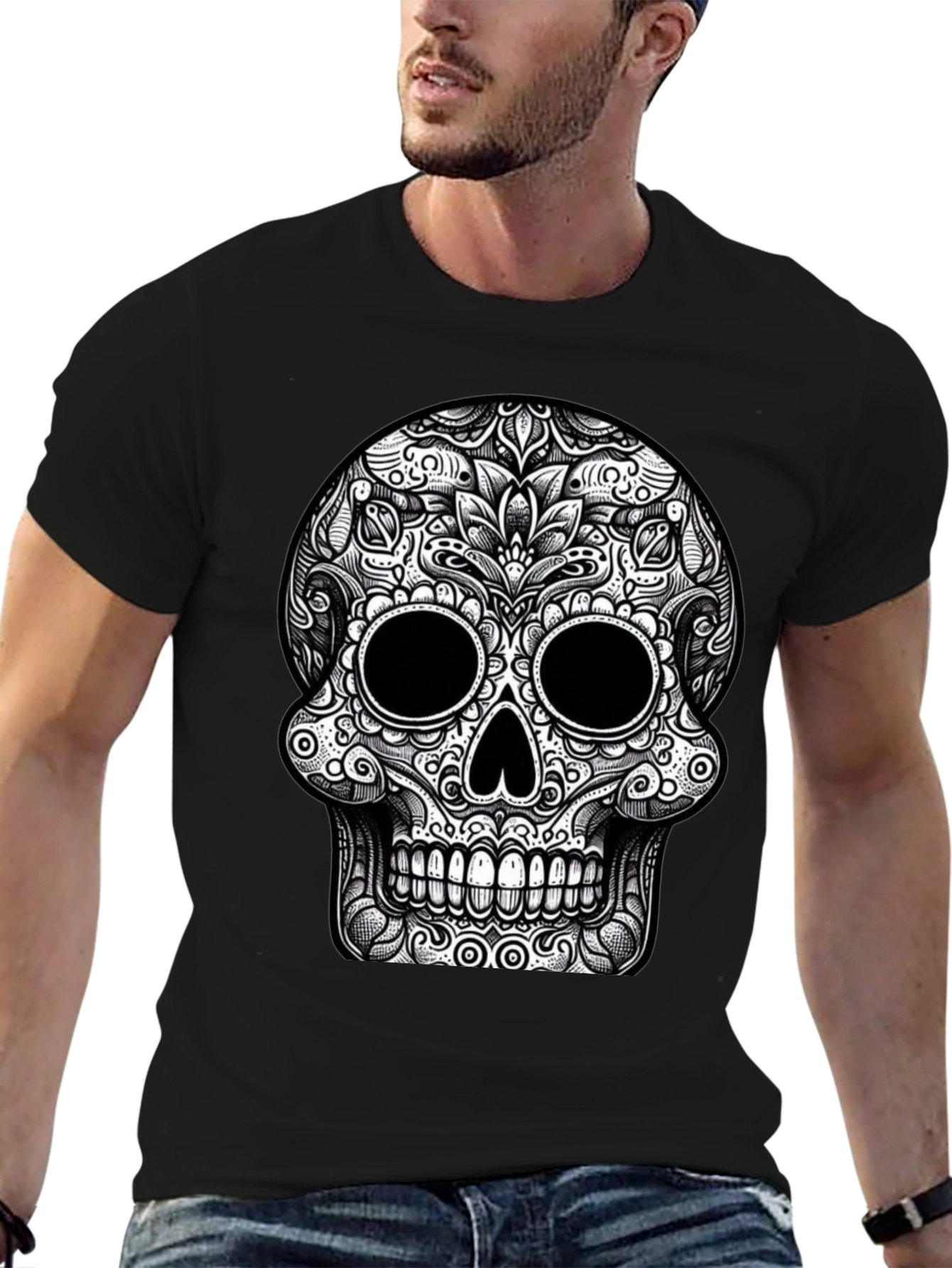 Black Skull Graphic Tee - Black Cotton T-Shirt view 6