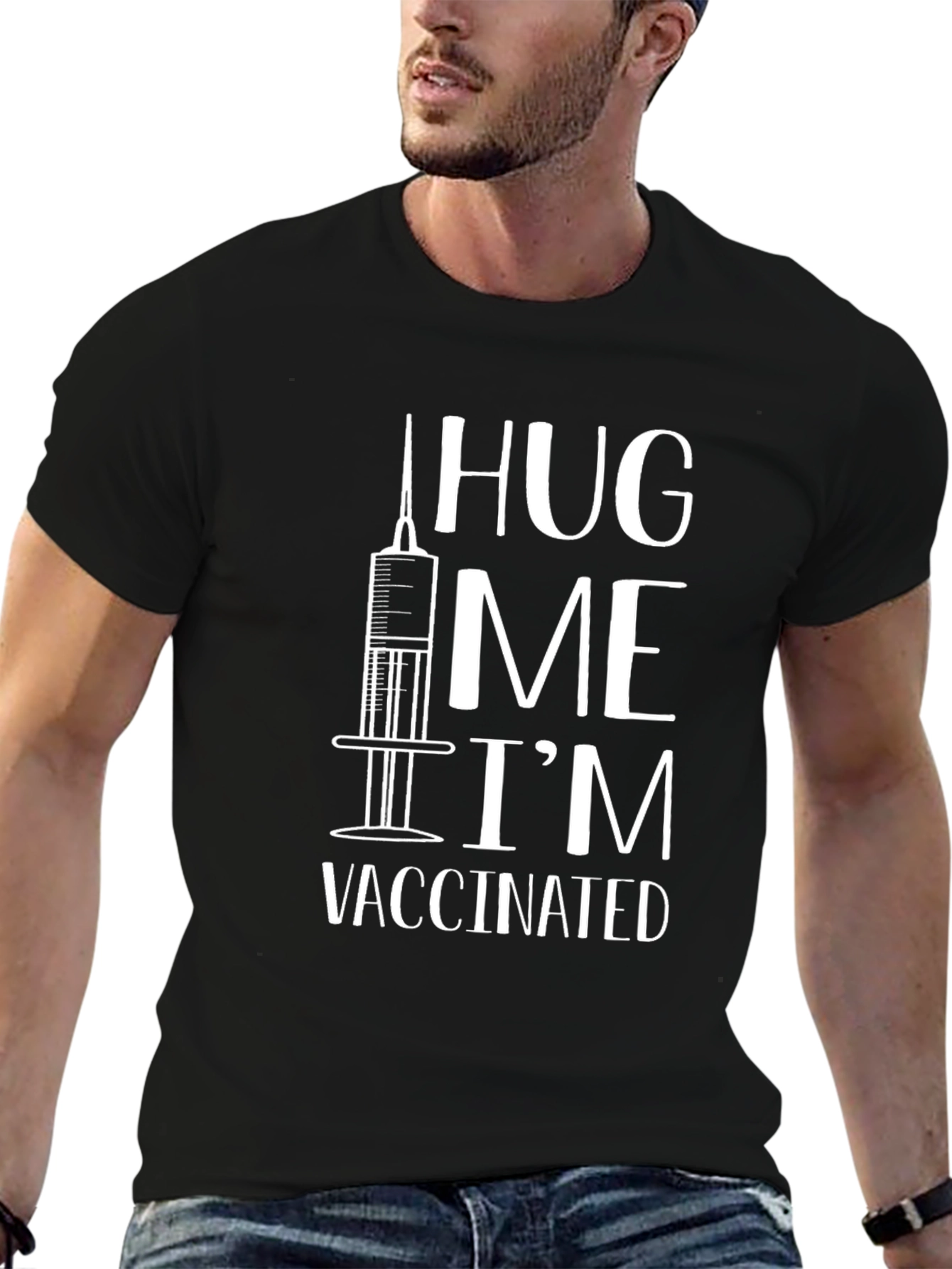 Black Hug Me I'm Vaccinated Novelty T-Shirt view 6