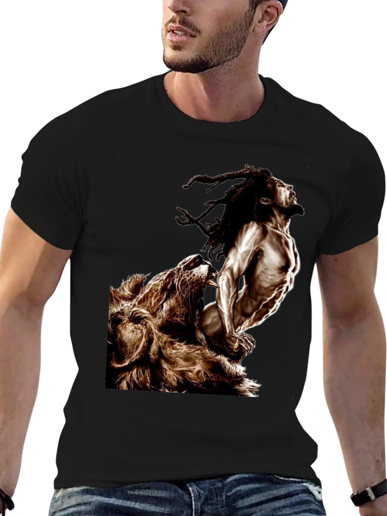 Black Lion & Rasta Graphic T-Shirt - Men's Black Tee view 6