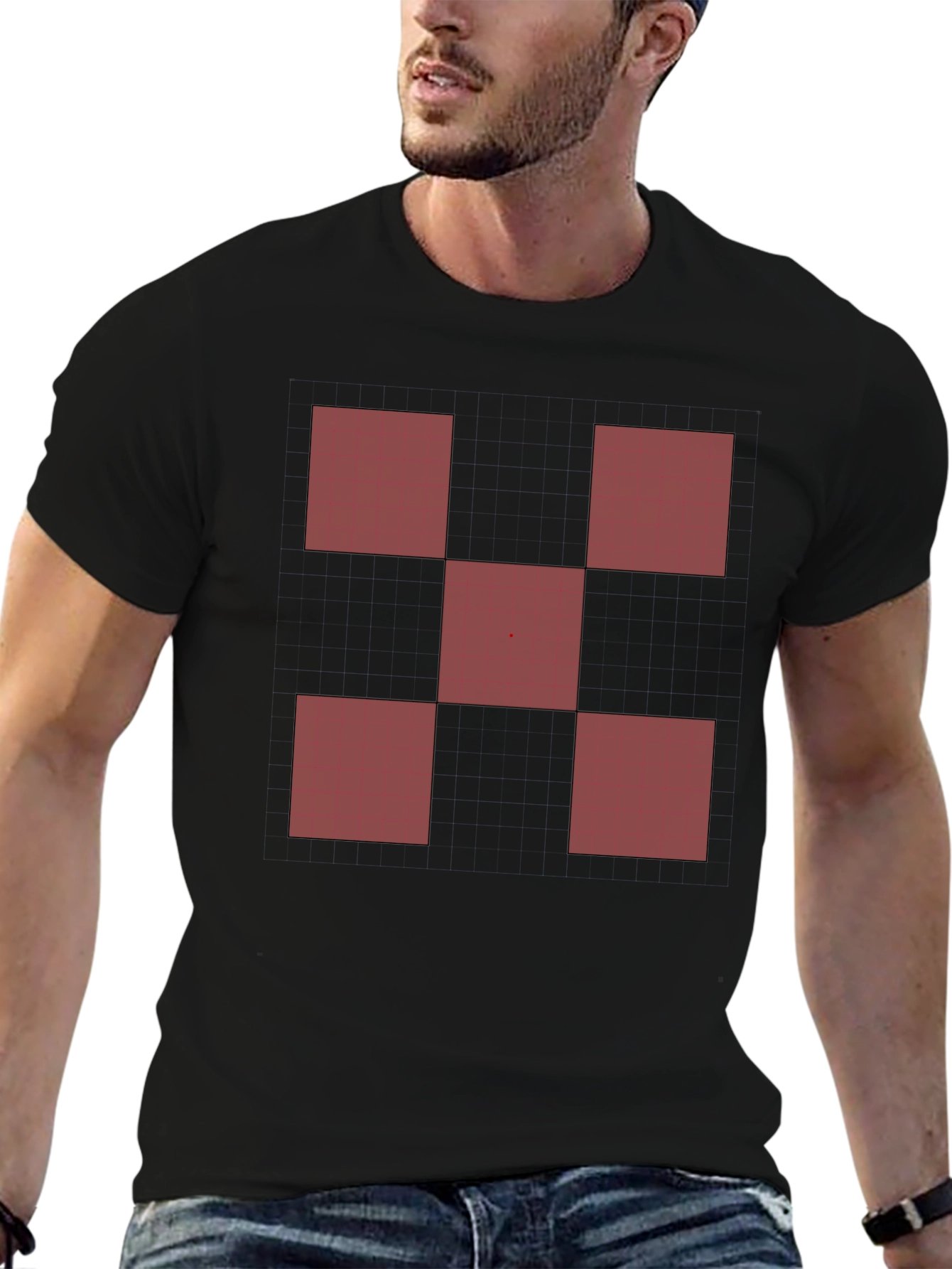 Black Geometric Red Square Pattern Black T-Shirt view 6