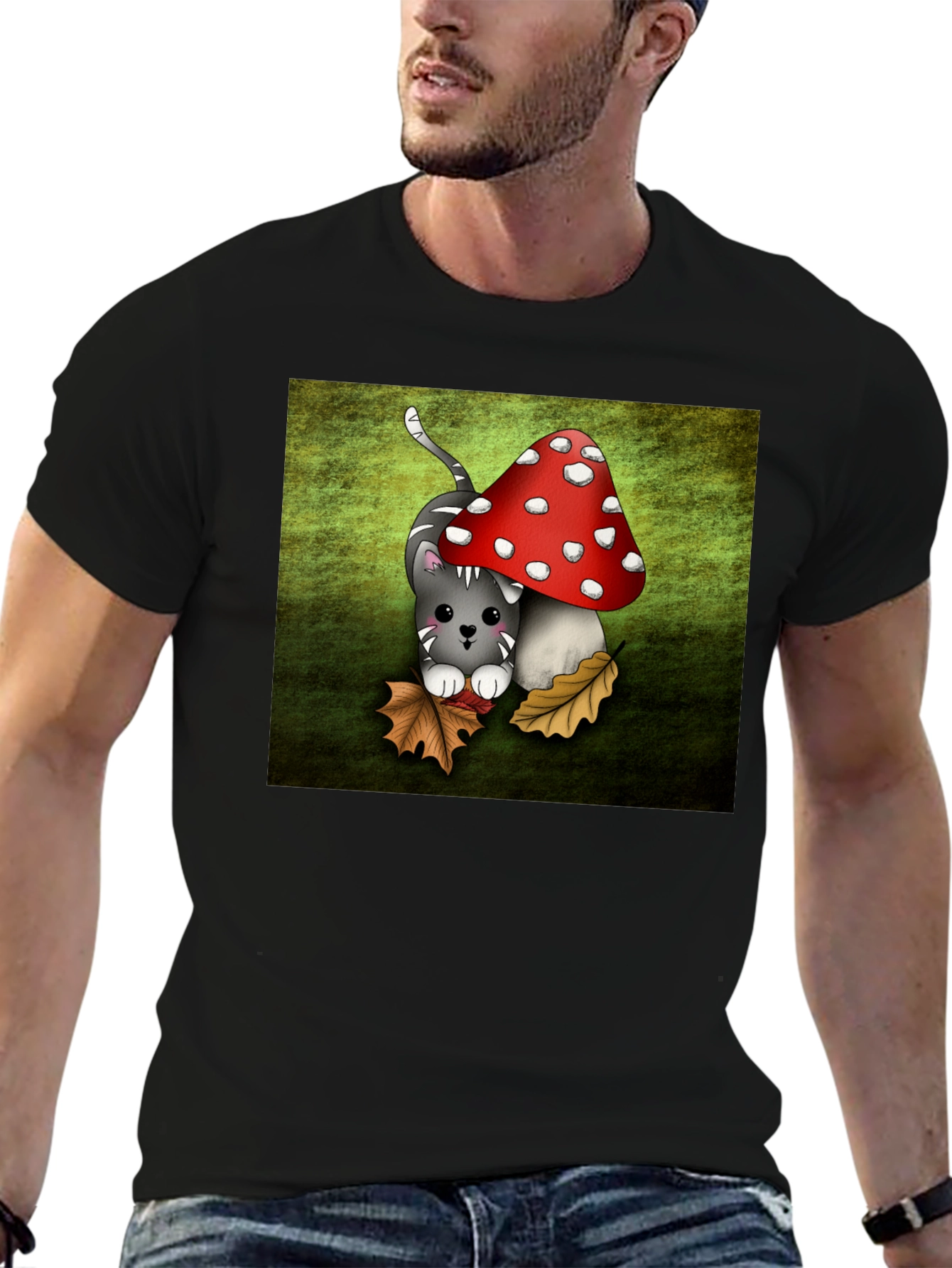 Black Cute Cartoon Cat and Mushroom Graphic T-Shirt view 6
