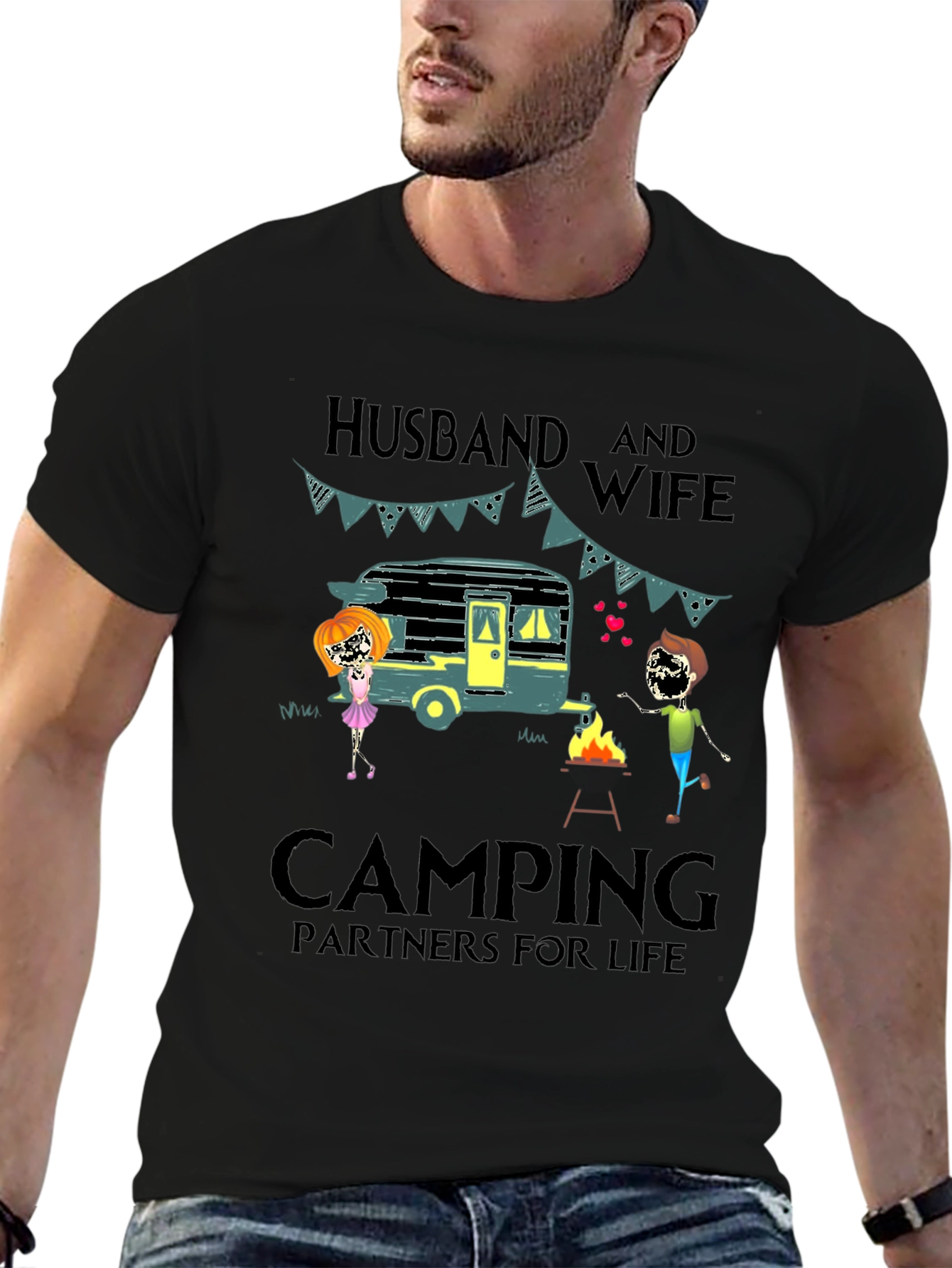 Black Husband & Wife Camping Partners Tee view 6