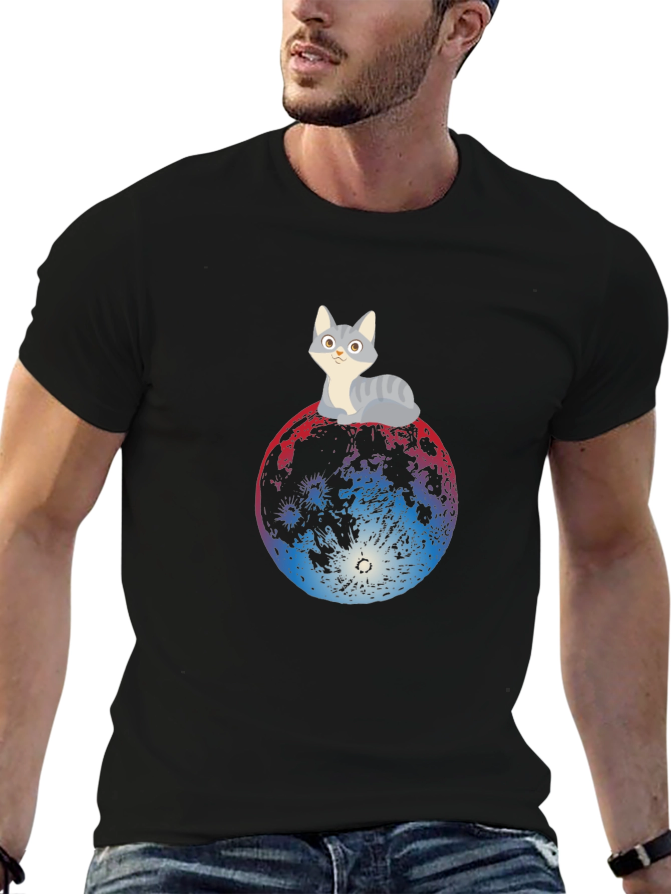 Black Cat on Moon Graphic Tee - Black T-Shirt view 6