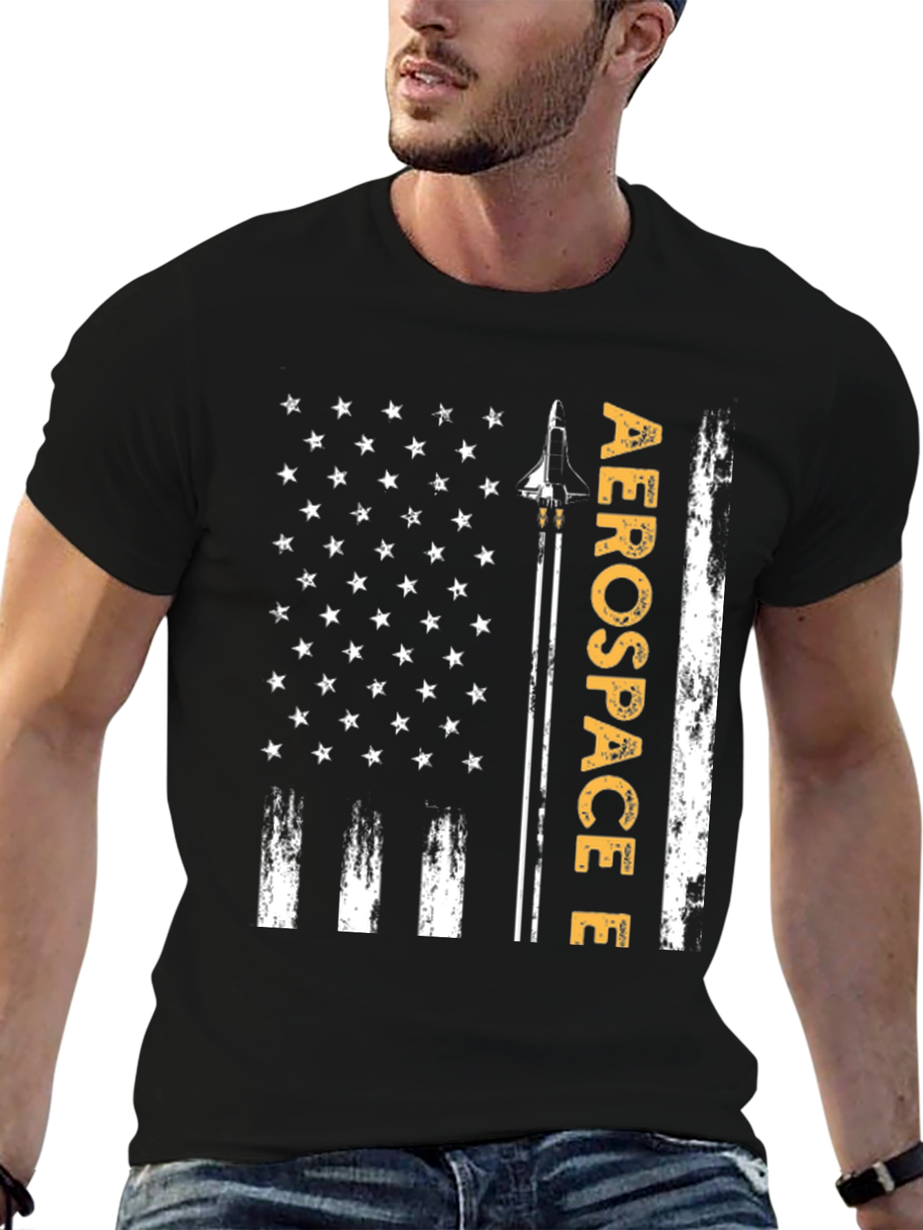 Black Aerospace Flag Graphic T-Shirt - Patriotic Design view 6