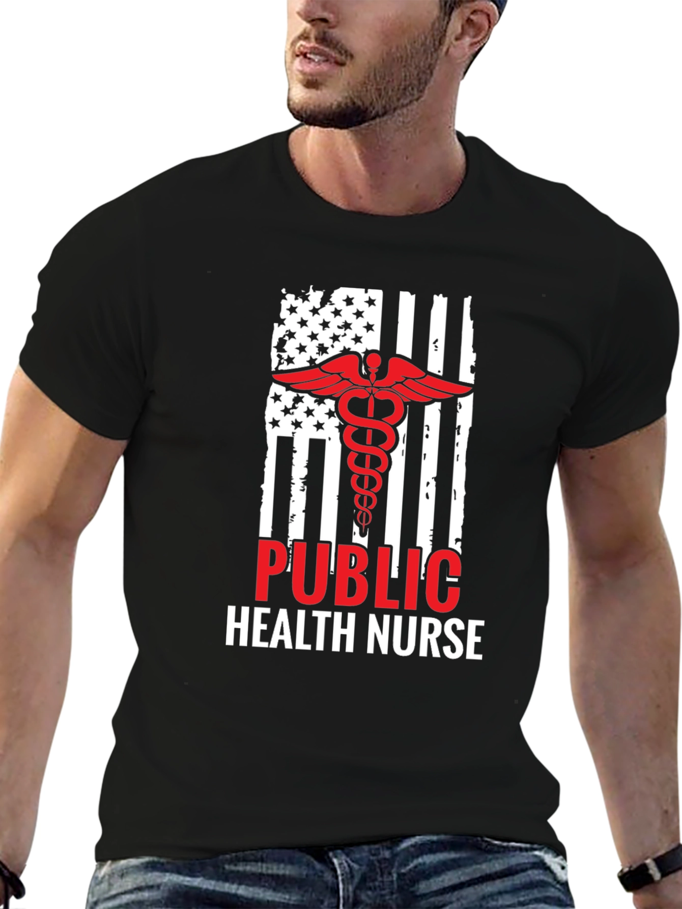 Black Public Health Nurse American Flag T-Shirt view 6