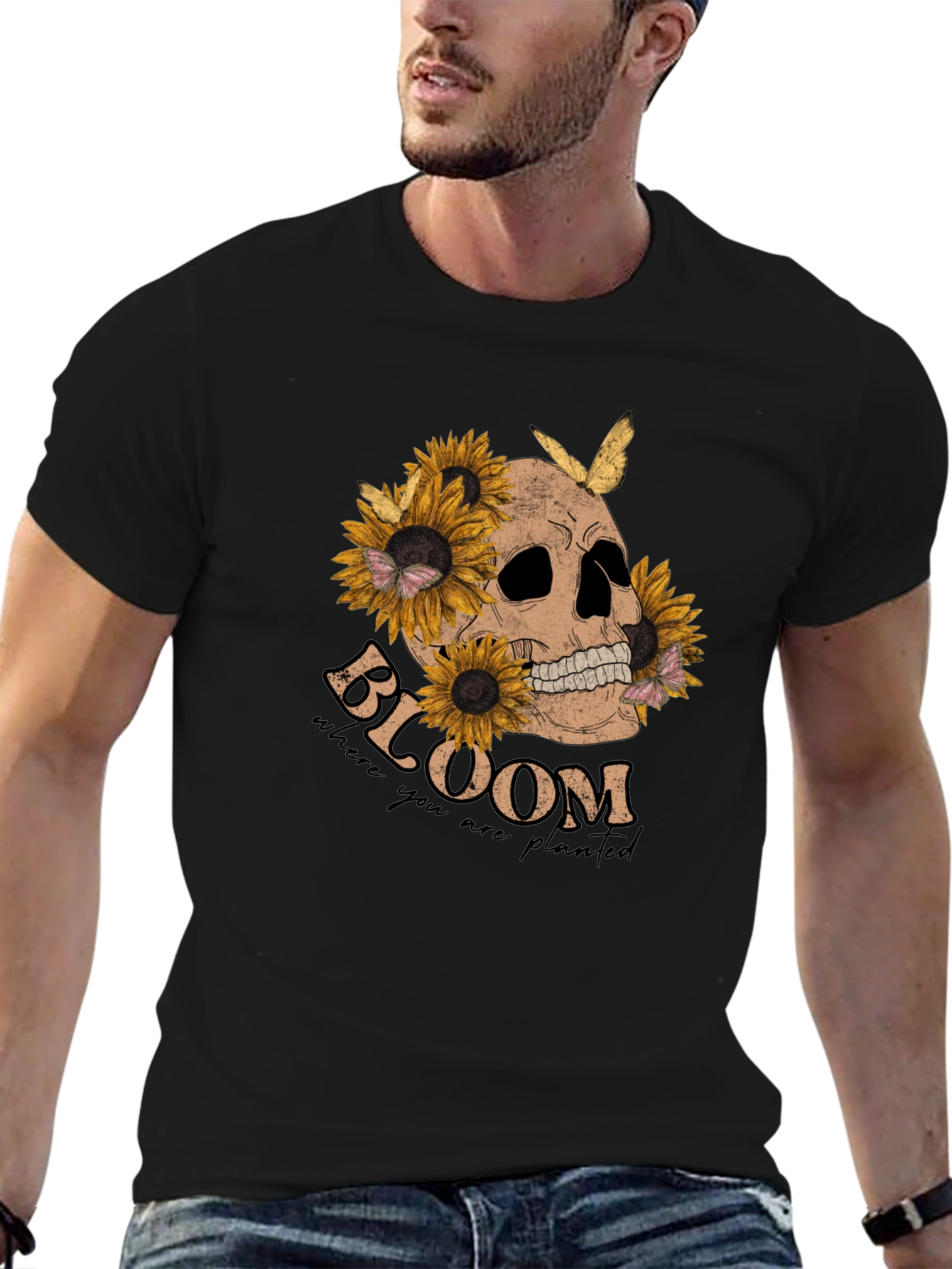 Black Skull & Sunflower Graphic T-Shirt view 6