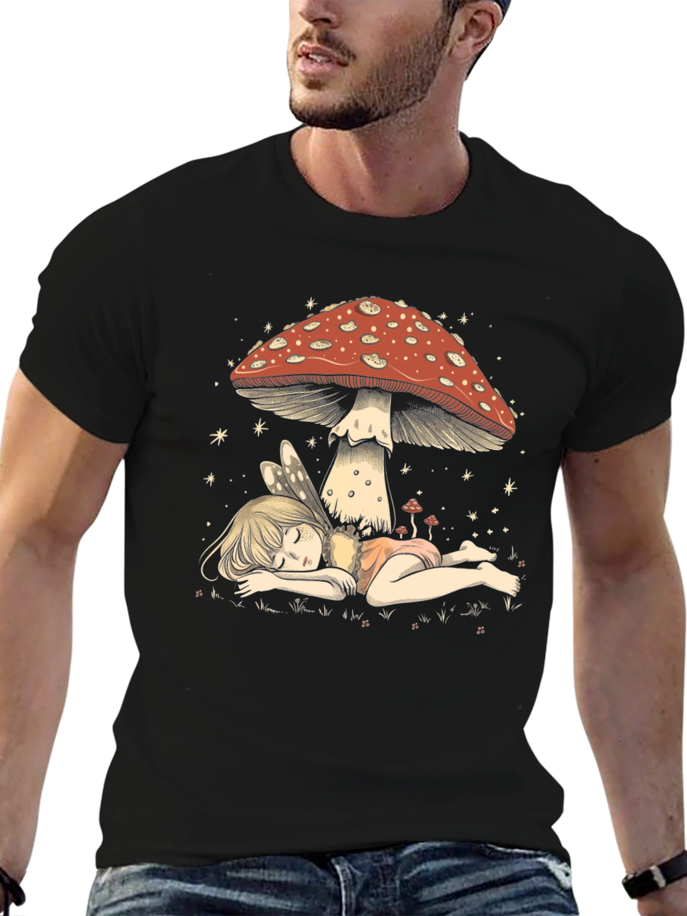 Black Whimsical Mushroom Fairy Graphic Tee view 6