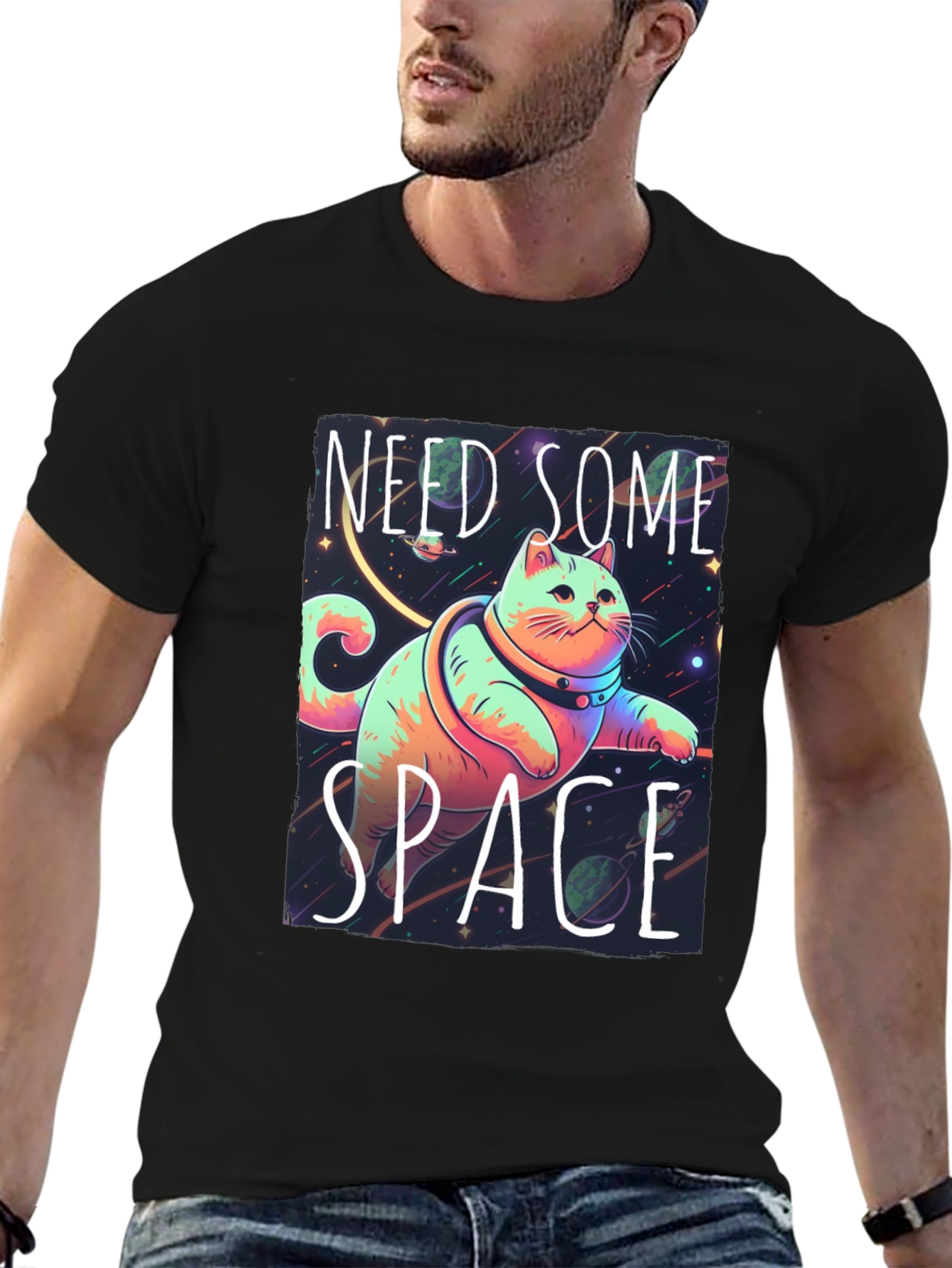 Black Need Some Space Cat Graphic Tee - Black view 6