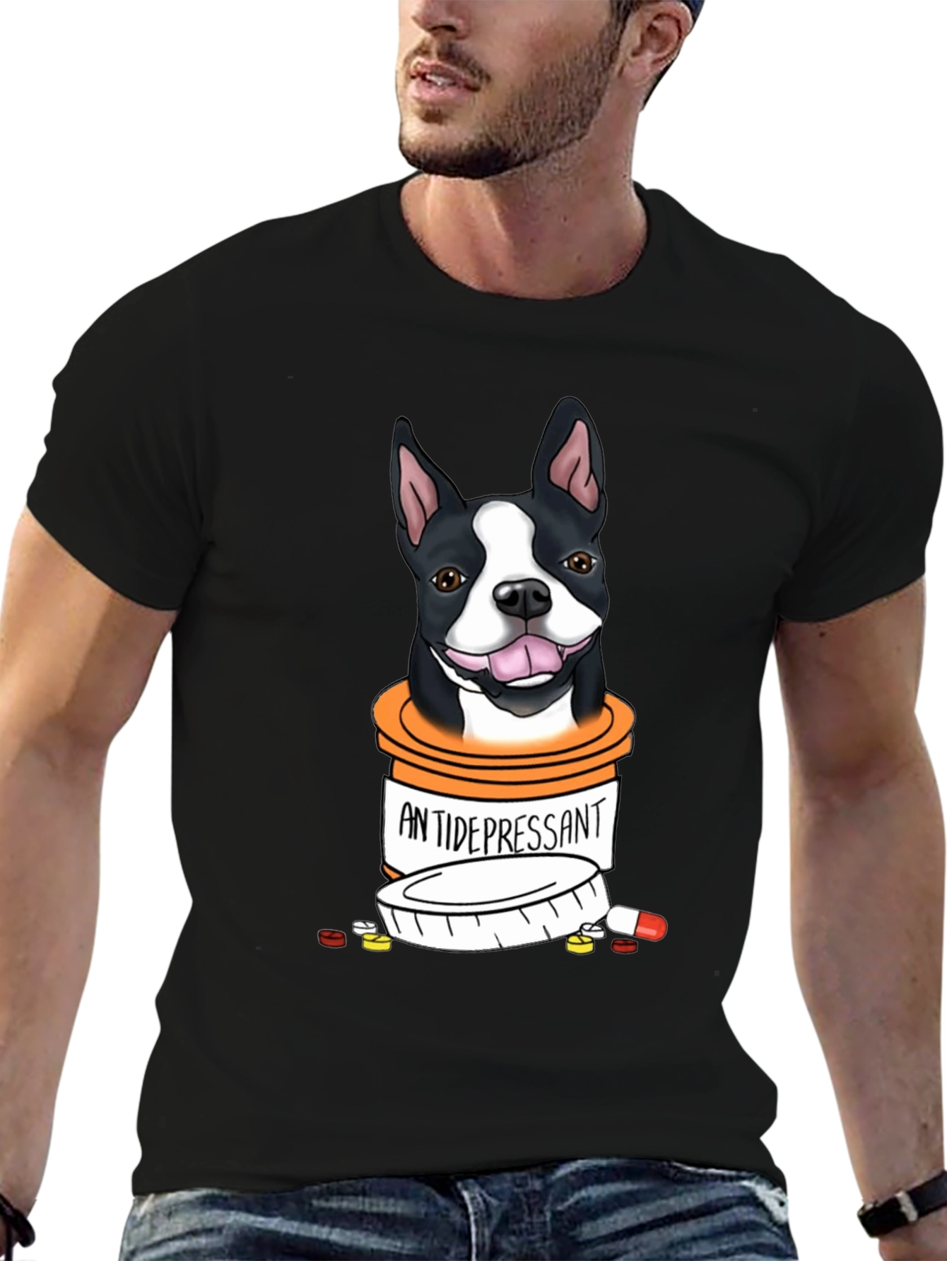 Black Dog Antidepressant T-Shirt - Cute Boston Terrier Graphic Tee view 6