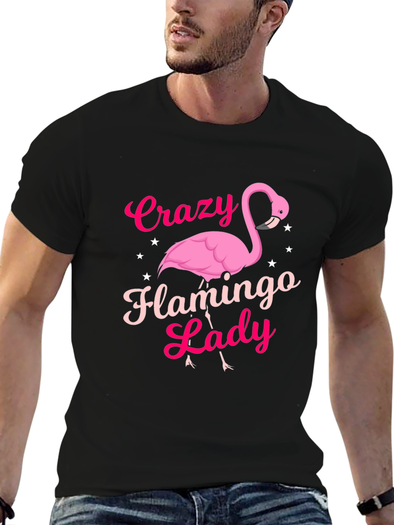 Black Crazy Flamingo Lady T-Shirt - Novelty Graphic Tee view 6