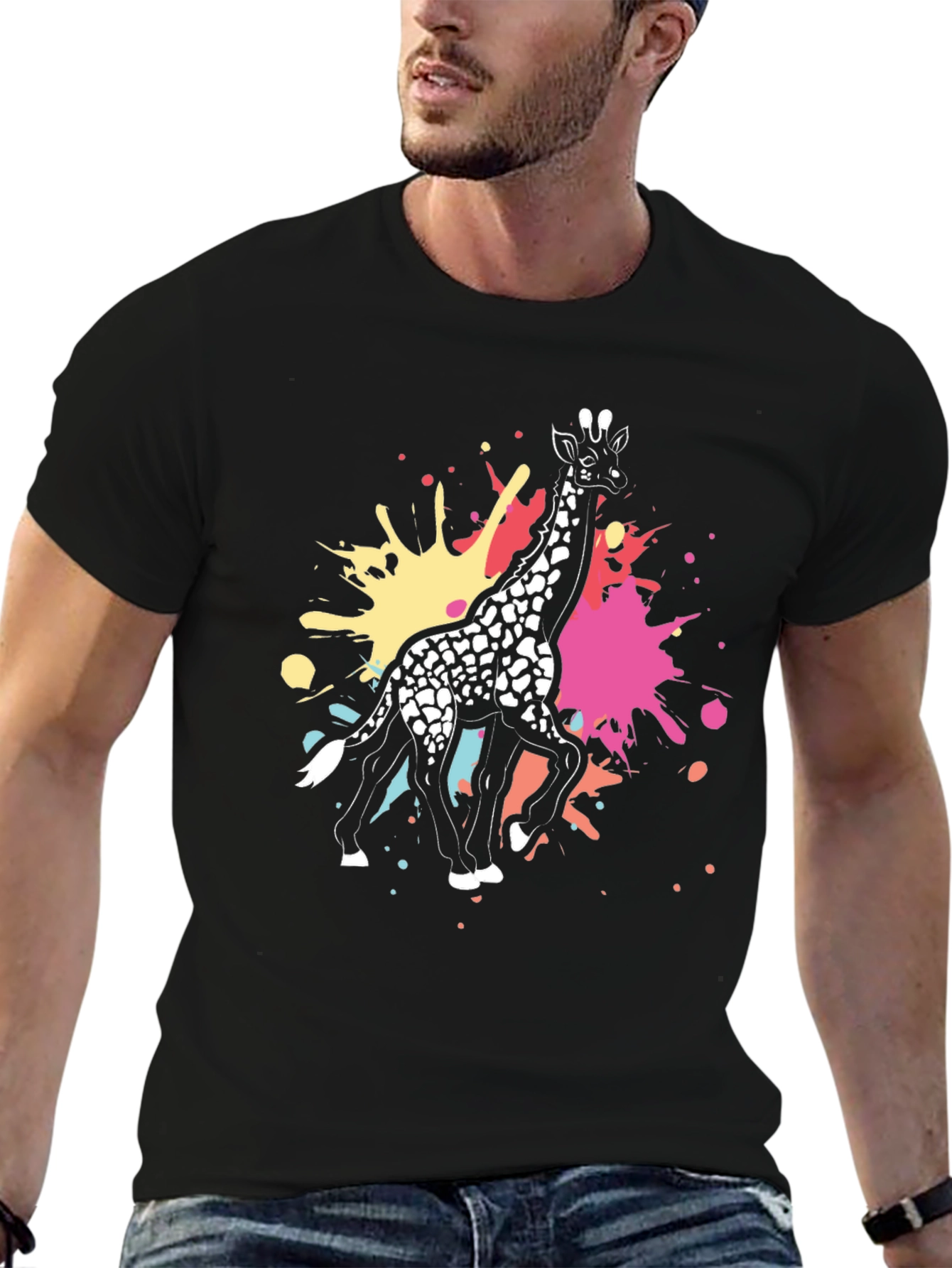Black Giraffe Splatter Graphic Tee - Black Cotton Shirt view 6