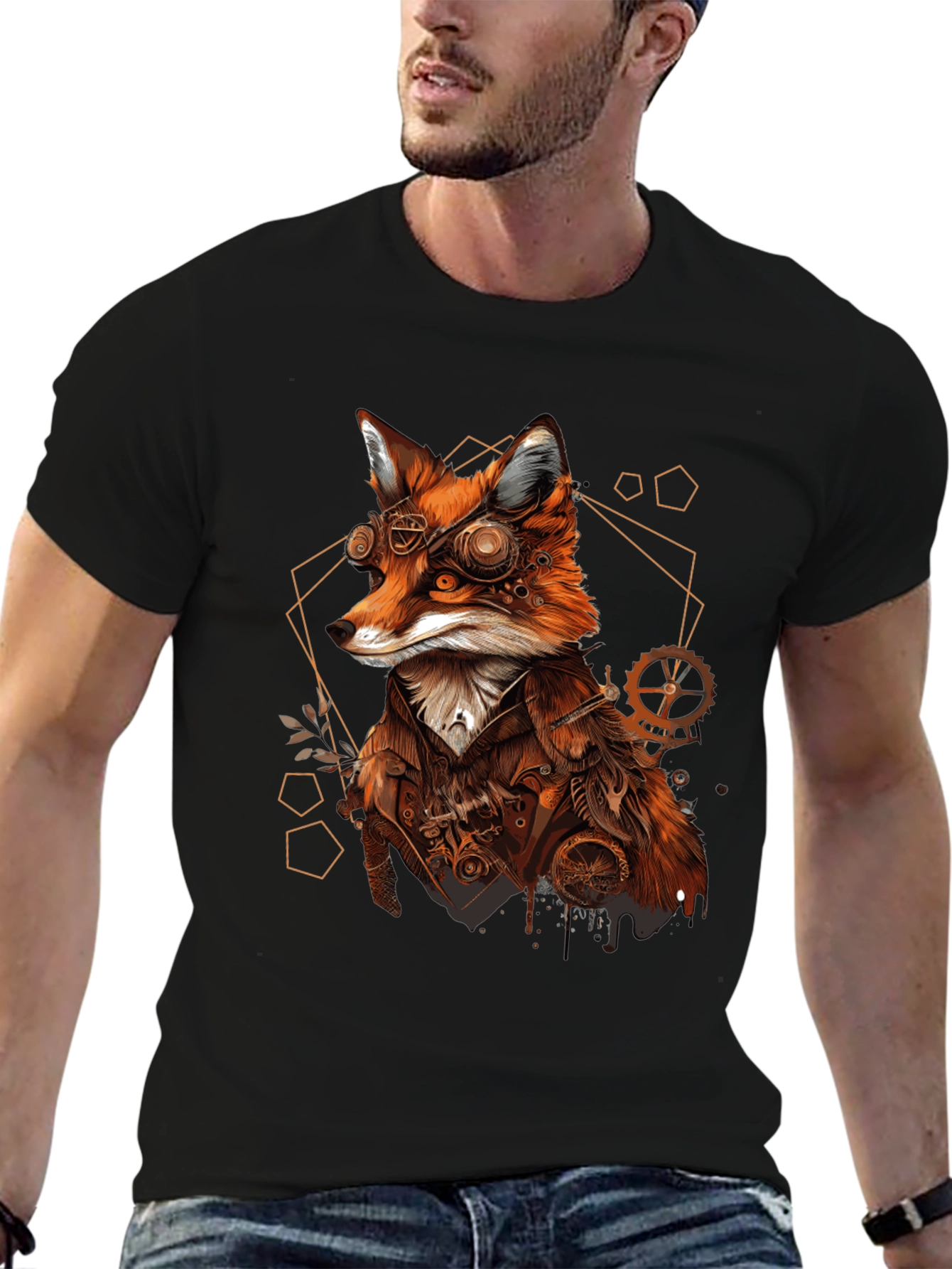Black Steampunk Fox Graphic Tee - Unique Animal Design view 6