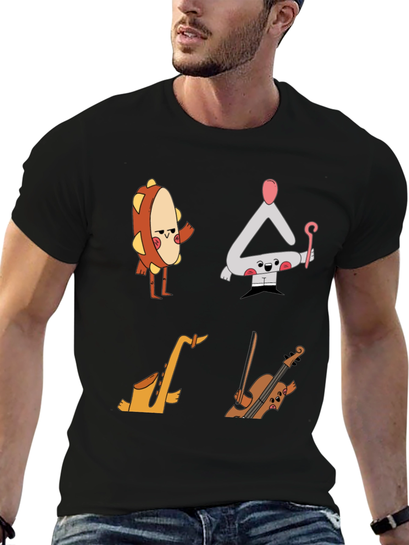 Black Musical Instrument Cartoon T-Shirt - Black view 6