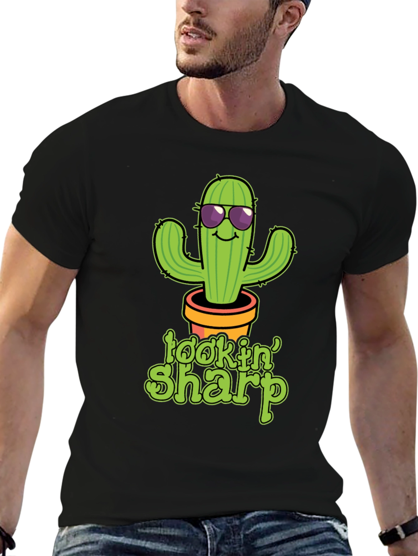 Black Lookin' Sharp Cactus Graphic T-Shirt - Funny Potted Plant Tee view 6