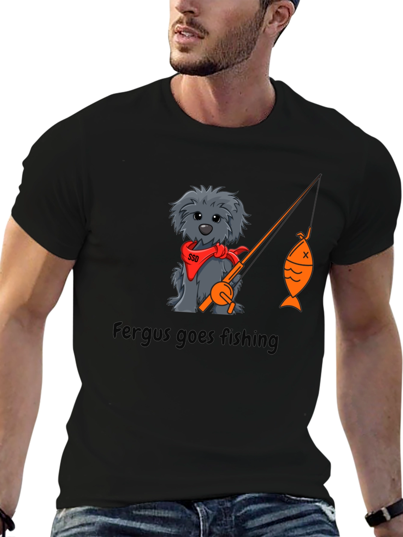 Black Fergus Goes Fishing Black T-Shirt view 6