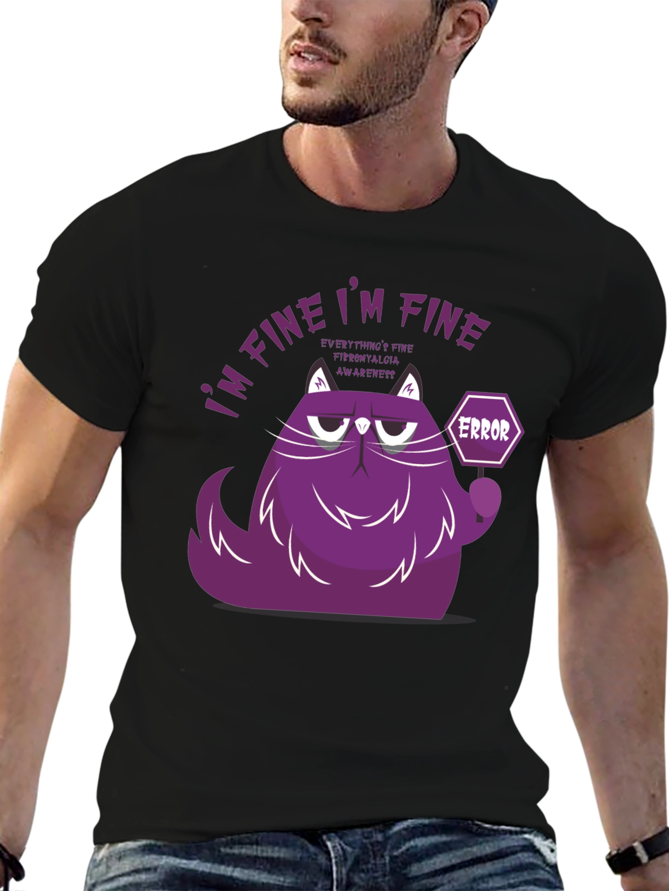 Black I'm Fine Cat T-Shirt - Fibromyalgia Awareness view 6